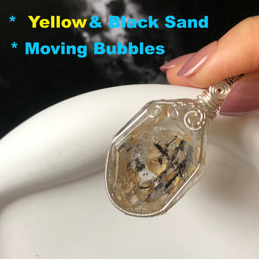 Yellow Enhydro Quartz (Herkimer Diamond) Wrapped Wire Pendant Adjustable Necklace: Rare Moving Yellow and Black Sand with Bubbles Inclusion Crystal | Natural Gemstone Birthstone Gift for her enhydro quartz sand water-fall pendant necklace choker gemstone charm stone pendant choker polished stone pendant crystal charm birthstone gift men necklace chakra crystal purify stone minerals specimen adjustable choker mica quartz mica flakes silver wire wrapped pendant inclusion quartz inclusion crystal