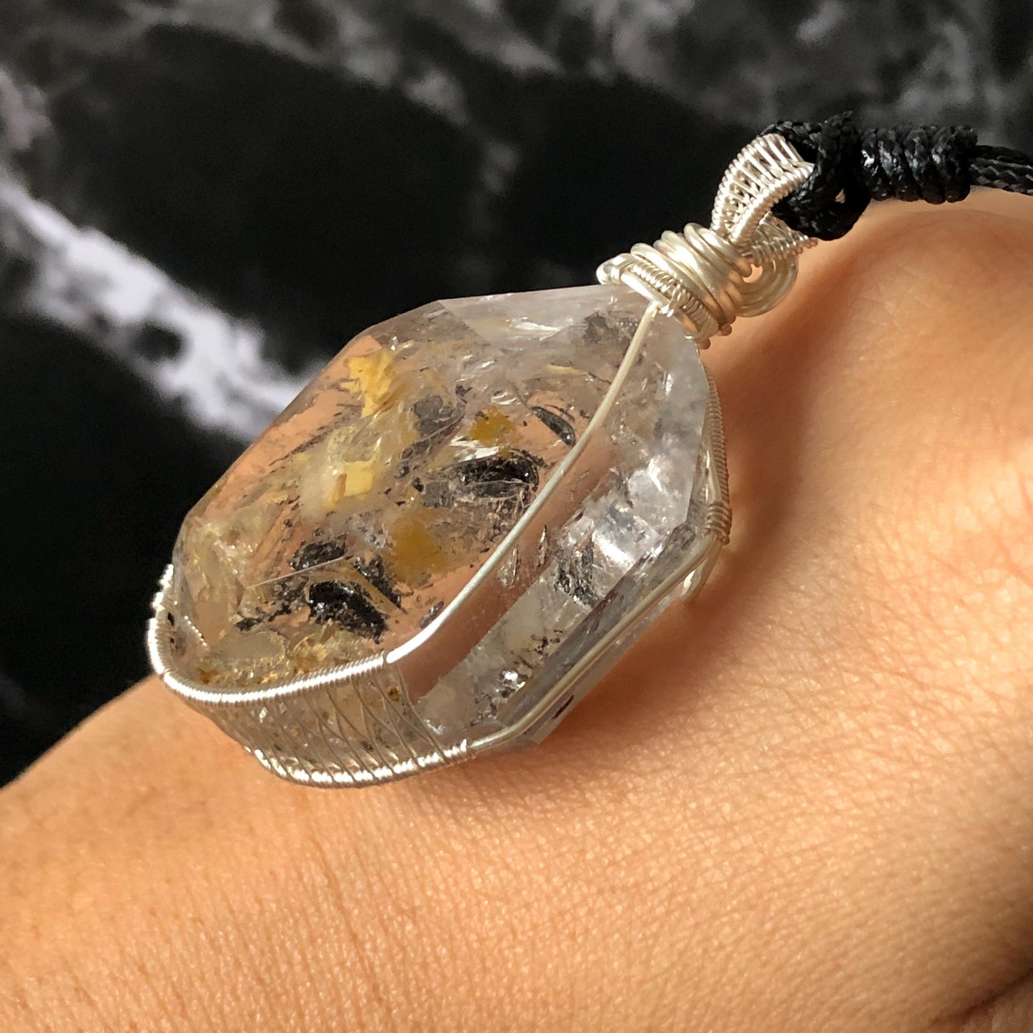Yellow Enhydro Quartz (Herkimer Diamond) Wrapped Wire Pendant Adjustable Necklace: Rare Moving Yellow and Black Sand with Bubbles Inclusion Crystal | Natural Gemstone Birthstone Gift for her enhydro quartz sand water-fall pendant necklace choker gemstone charm stone pendant choker polished stone pendant crystal charm birthstone gift men necklace chakra crystal purify stone minerals specimen adjustable choker mica quartz mica flakes silver wire wrapped pendant inclusion quartz inclusion crystal