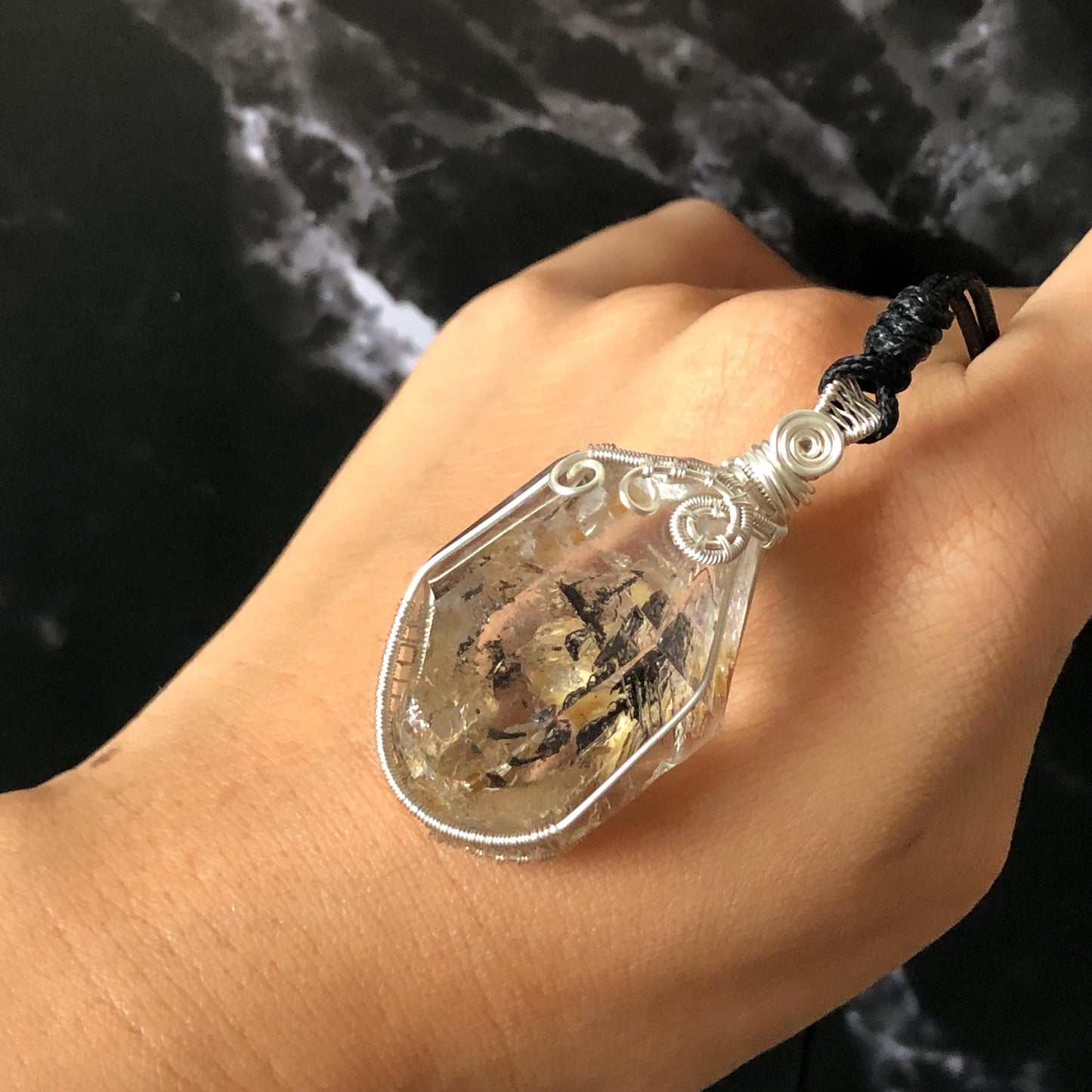 Yellow Enhydro Quartz (Herkimer Diamond) Wrapped Wire Pendant Adjustable Necklace: Rare Moving Yellow and Black Sand with Bubbles Inclusion Crystal | Natural Gemstone Birthstone Gift for her enhydro quartz sand water-fall pendant necklace choker gemstone charm stone pendant choker polished stone pendant crystal charm birthstone gift men necklace chakra crystal purify stone minerals specimen adjustable choker mica quartz mica flakes silver wire wrapped pendant inclusion quartz inclusion crystal