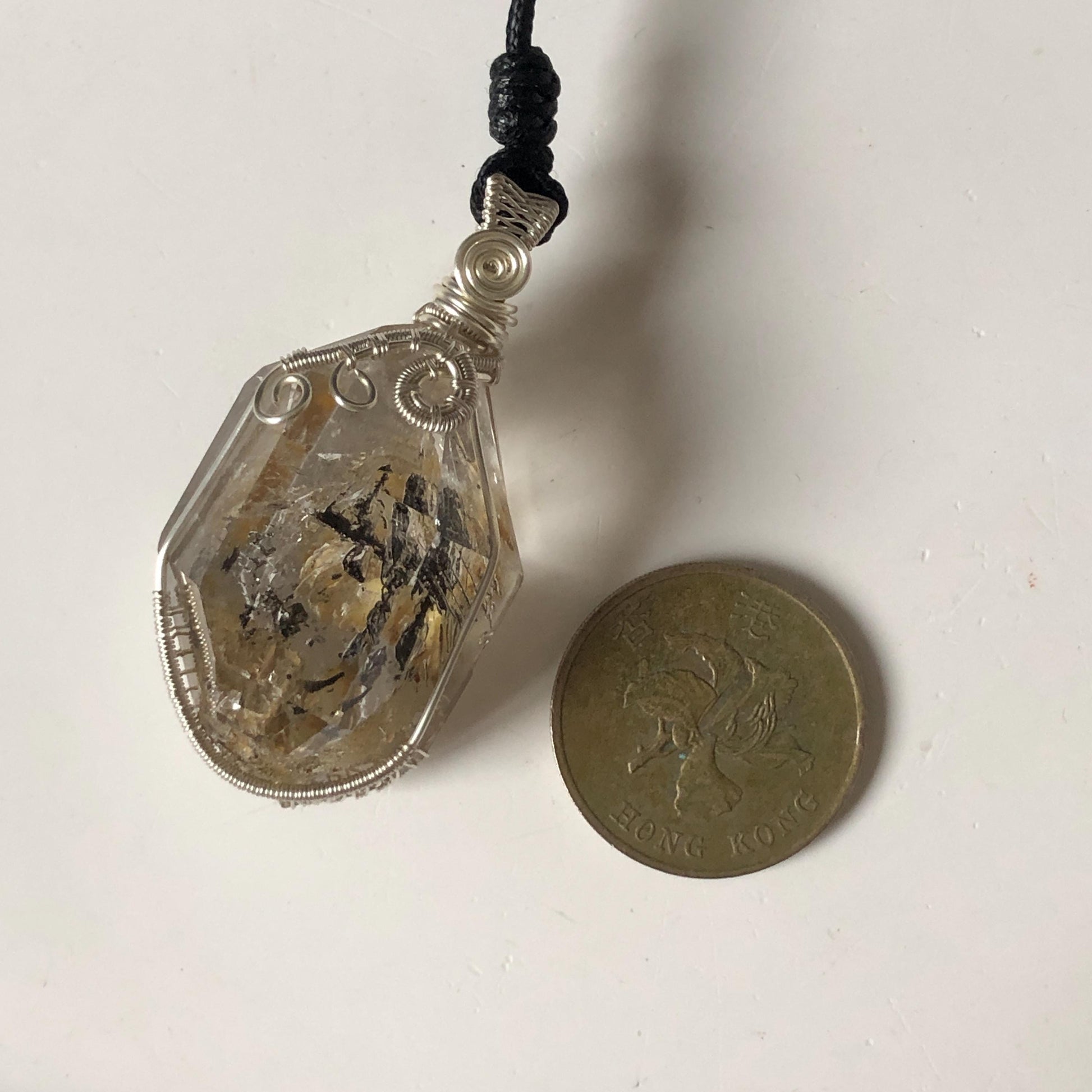 Yellow Enhydro Quartz (Herkimer Diamond) Wrapped Wire Pendant Adjustable Necklace: Rare Moving Yellow and Black Sand with Bubbles Inclusion Crystal | Natural Gemstone Birthstone Gift for her enhydro quartz sand water-fall pendant necklace choker gemstone charm stone pendant choker polished stone pendant crystal charm birthstone gift men necklace chakra crystal purify stone minerals specimen adjustable choker mica quartz mica flakes silver wire wrapped pendant inclusion quartz inclusion crystal