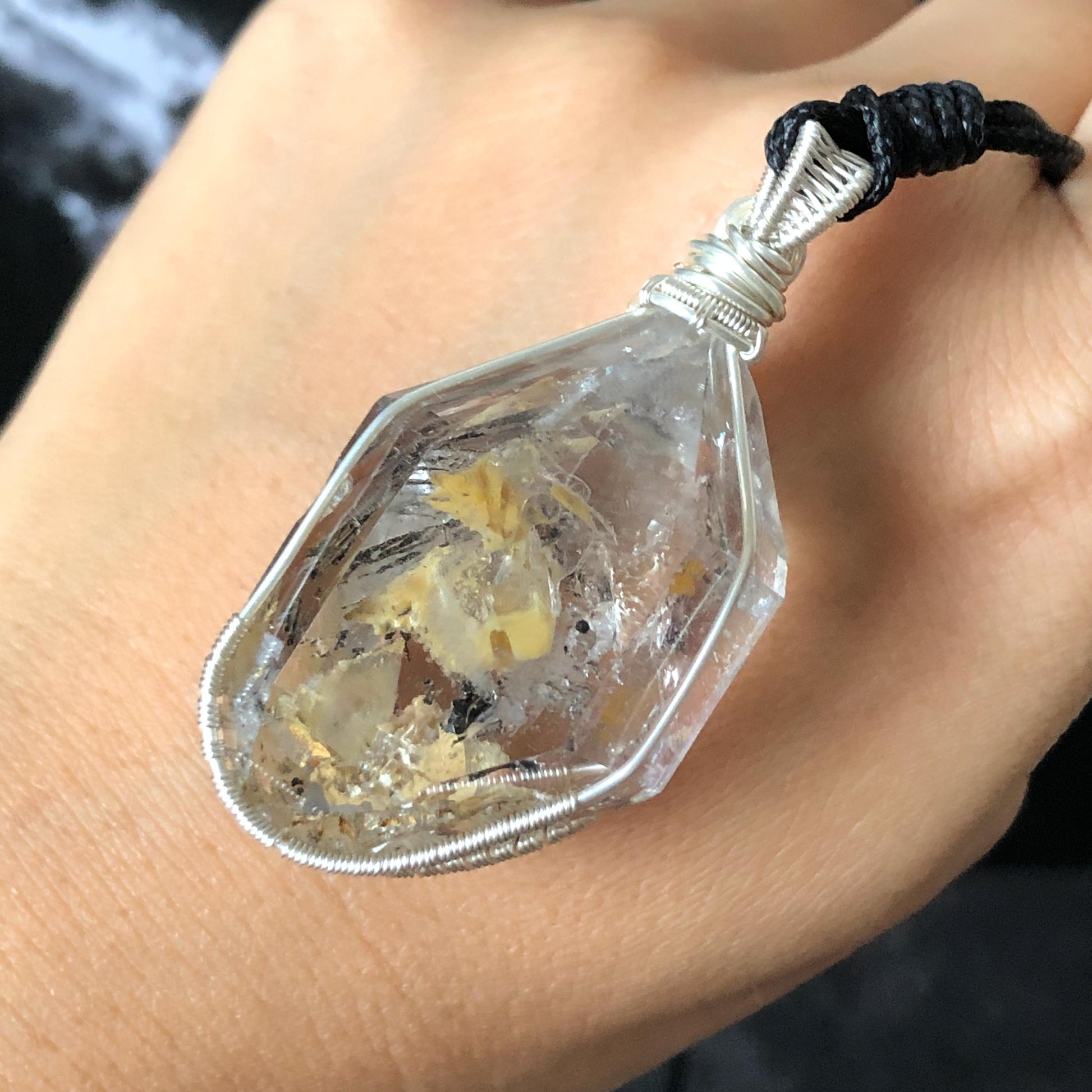 Yellow Enhydro Quartz (Herkimer Diamond) Wrapped Wire Pendant Adjustable Necklace: Rare Moving Yellow and Black Sand with Bubbles Inclusion Crystal | Natural Gemstone Birthstone Gift for her enhydro quartz sand water-fall pendant necklace choker gemstone charm stone pendant choker polished stone pendant crystal charm birthstone gift men necklace chakra crystal purify stone minerals specimen adjustable choker mica quartz mica flakes silver wire wrapped pendant inclusion quartz inclusion crystal