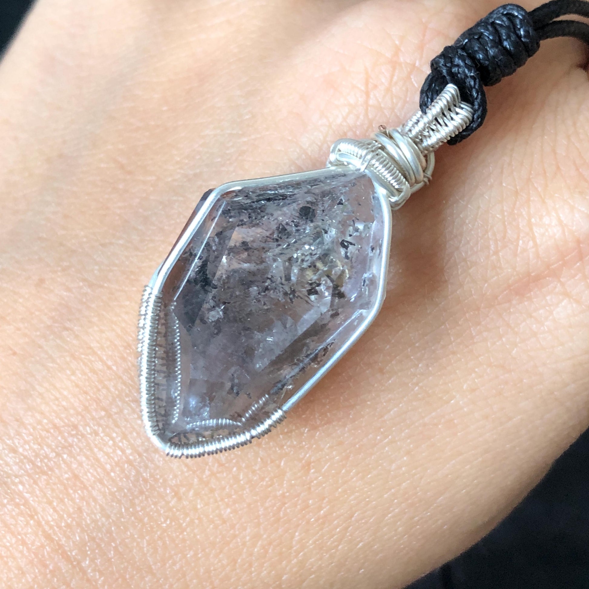 Rare Polished Enhydro Quartz (Herkimer Diamond) Mini Wire Wrapped Pendant Adjustable Necklace: Moving Sand & Black Bubble Inclusion Crystal | Natural Gemstone Birthstone Gift for her enhydro quartz sand water-fall pendant necklace choker gemstone charm stone pendant choker polished stone pendant crystal charm birthstone gift for her men necklace chakra crystal purify stone minerals specimen adjustable choker mica quartz silver wire wrapped pendant inlcusion crystal inclusion quartz jewelry
