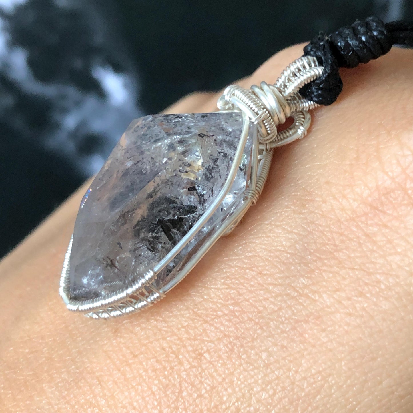 Rare Polished Enhydro Quartz (Herkimer Diamond) Mini Wire Wrapped Pendant Adjustable Necklace: Moving Sand & Black Bubble Inclusion Crystal | Natural Gemstone Birthstone Gift for her enhydro quartz sand water-fall pendant necklace choker gemstone charm stone pendant choker polished stone pendant crystal charm birthstone gift for her men necklace chakra crystal purify stone minerals specimen adjustable choker mica quartz silver wire wrapped pendant inlcusion crystal inclusion quartz jewelry