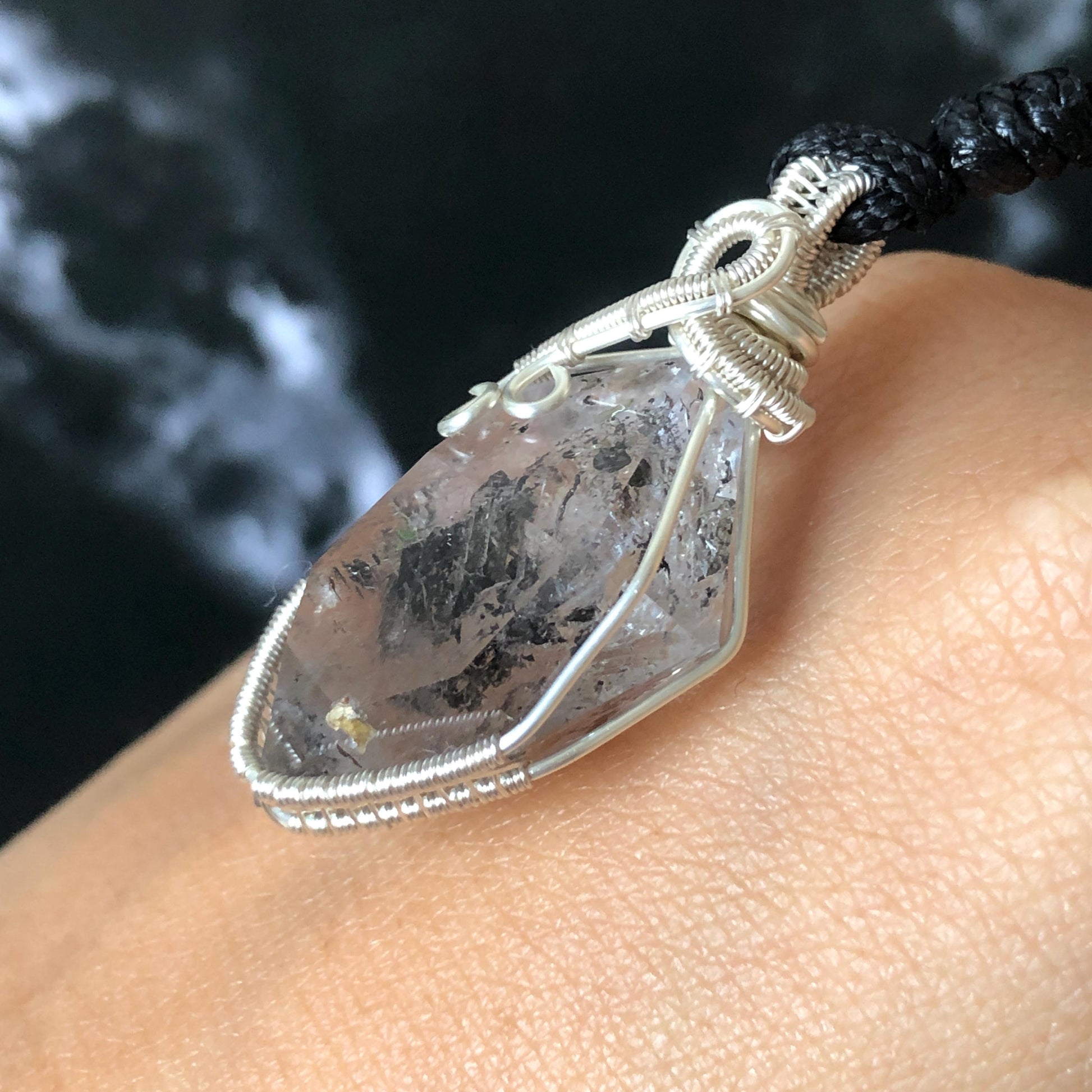 Rare Polished Enhydro Quartz (Herkimer Diamond) Mini Wire Wrapped Pendant Adjustable Necklace: Moving Sand & Black Bubble Inclusion Crystal | Natural Gemstone Birthstone Gift for her enhydro quartz sand water-fall pendant necklace choker gemstone charm stone pendant choker polished stone pendant crystal charm birthstone gift for her men necklace chakra crystal purify stone minerals specimen adjustable choker mica quartz silver wire wrapped pendant inlcusion crystal inclusion quartz jewelry