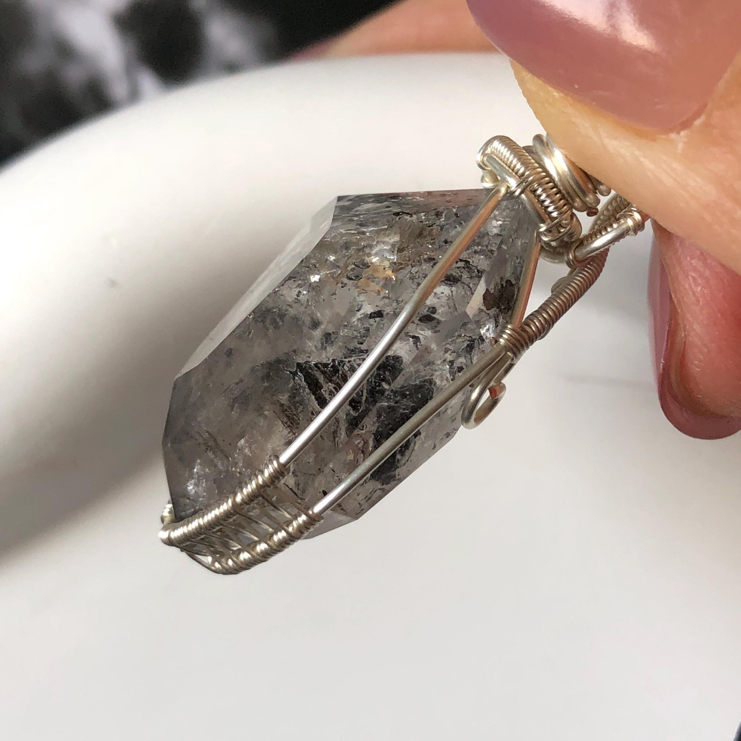 Rare Polished Enhydro Quartz (Herkimer Diamond) Mini Wire Wrapped Pendant Adjustable Necklace: Moving Sand & Black Bubble Inclusion Crystal | Natural Gemstone Birthstone Gift for her enhydro quartz sand water-fall pendant necklace choker gemstone charm stone pendant choker polished stone pendant crystal charm birthstone gift for her men necklace chakra crystal purify stone minerals specimen adjustable choker mica quartz silver wire wrapped pendant inlcusion crystal inclusion quartz jewelry