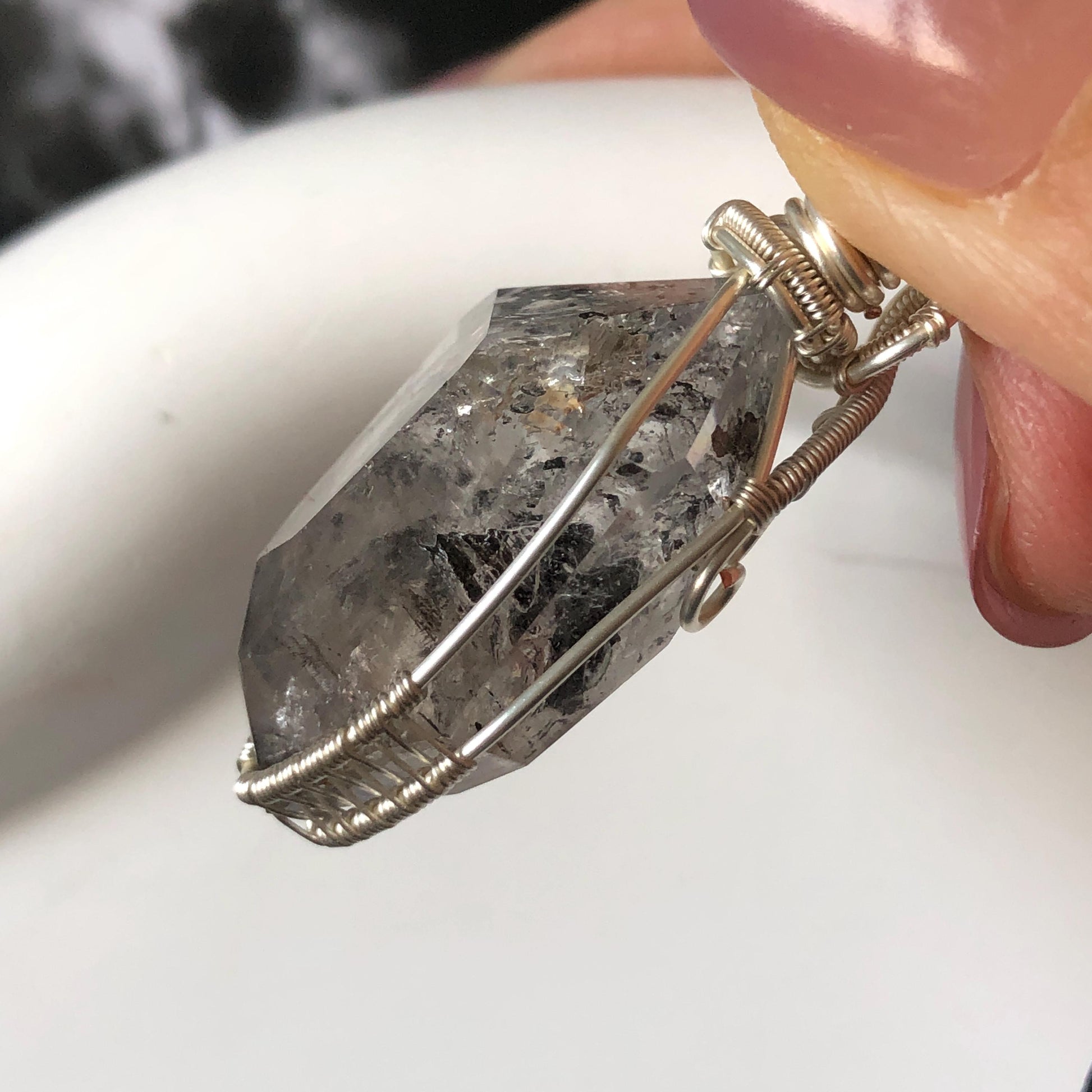 Rare Polished Enhydro Quartz (Herkimer Diamond) Mini Wire Wrapped Pendant Adjustable Necklace: Moving Sand & Black Bubble Inclusion Crystal | Natural Gemstone Birthstone Gift for her enhydro quartz sand water-fall pendant necklace choker gemstone charm stone pendant choker polished stone pendant crystal charm birthstone gift for her men necklace chakra crystal purify stone minerals specimen adjustable choker mica quartz silver wire wrapped pendant inlcusion crystal inclusion quartz jewelry