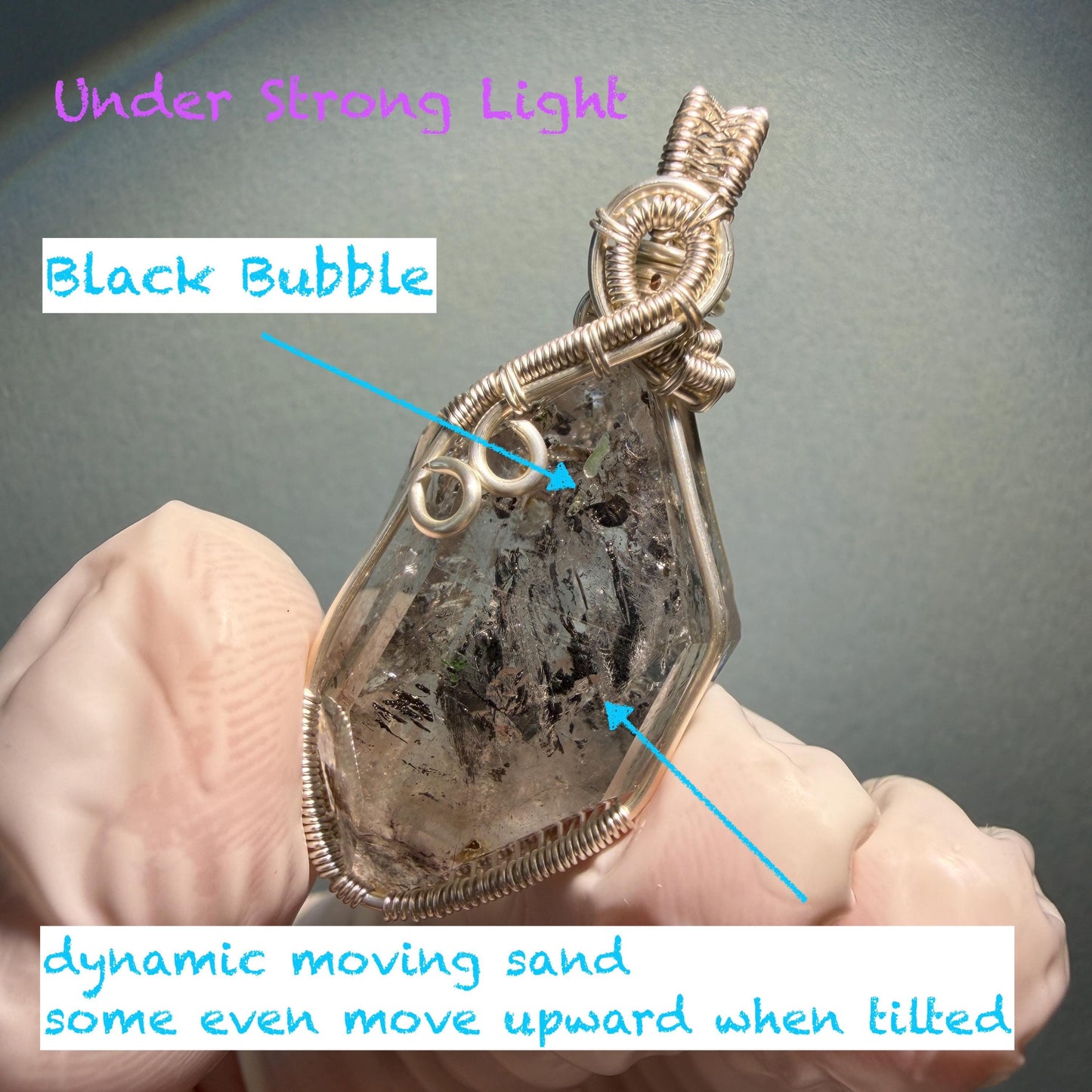 Rare Polished Enhydro Quartz (Herkimer Diamond) Mini Wire Wrapped Pendant Adjustable Necklace: Moving Sand & Black Bubble Inclusion Crystal | Natural Gemstone Birthstone Gift for her enhydro quartz sand water-fall pendant necklace choker gemstone charm stone pendant choker polished stone pendant crystal charm birthstone gift for her men necklace chakra crystal purify stone minerals specimen adjustable choker mica quartz silver wire wrapped pendant inlcusion crystal inclusion quartz jewelry