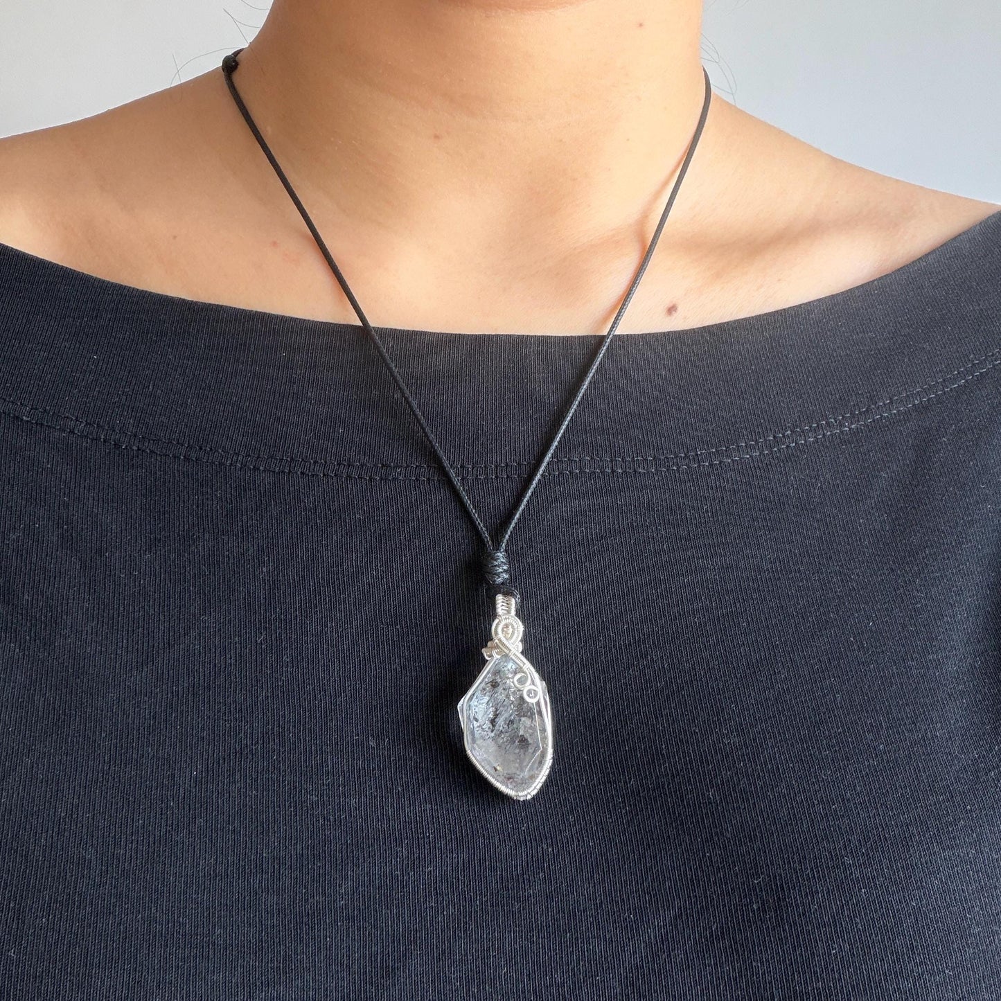 Rare Polished Enhydro Quartz (Herkimer Diamond) Mini Wire Wrapped Pendant Adjustable Necklace: Moving Sand & Black Bubble Inclusion Crystal | Natural Gemstone Birthstone Gift for her enhydro quartz sand water-fall pendant necklace choker gemstone charm stone pendant choker polished stone pendant crystal charm birthstone gift for her men necklace chakra crystal purify stone minerals specimen adjustable choker mica quartz silver wire wrapped pendant inlcusion crystal inclusion quartz jewelry