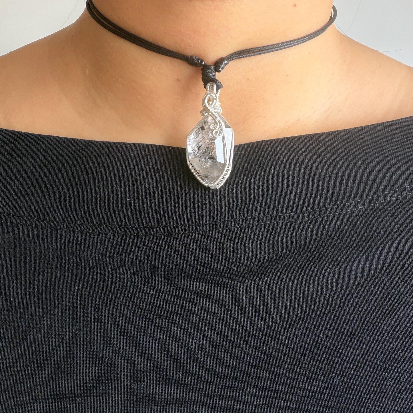 Rare Polished Enhydro Quartz (Herkimer Diamond) Mini Wire Wrapped Pendant Adjustable Necklace: Moving Sand & Black Bubble Inclusion Crystal | Natural Gemstone Birthstone Gift for her enhydro quartz sand water-fall pendant necklace choker gemstone charm stone pendant choker polished stone pendant crystal charm birthstone gift for her men necklace chakra crystal purify stone minerals specimen adjustable choker mica quartz silver wire wrapped pendant inlcusion crystal inclusion quartz jewelry