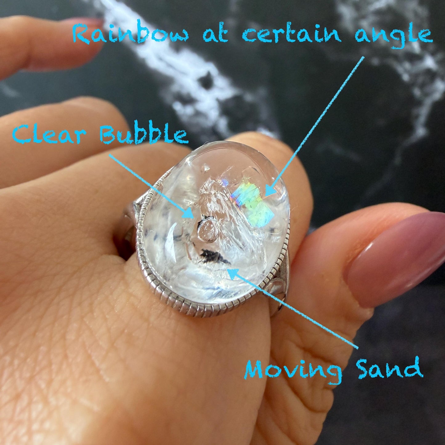 Polished Enhydro Quartz (Herkimer Diamond) S925 Silver Adjustable Ring: Rainbow! Moving Sand and Bubble Inclusion Crystal Statement Ring for Women ring crystal band ring crystal cocktail ring crystal stackable ring 7 chakra crystal ring meditation crystal healing stone birthstone silver ring ring for men rainbow quartz inclusion quartz inclusion crystal minerals specimen silver ring free size ring adjustable ring holder