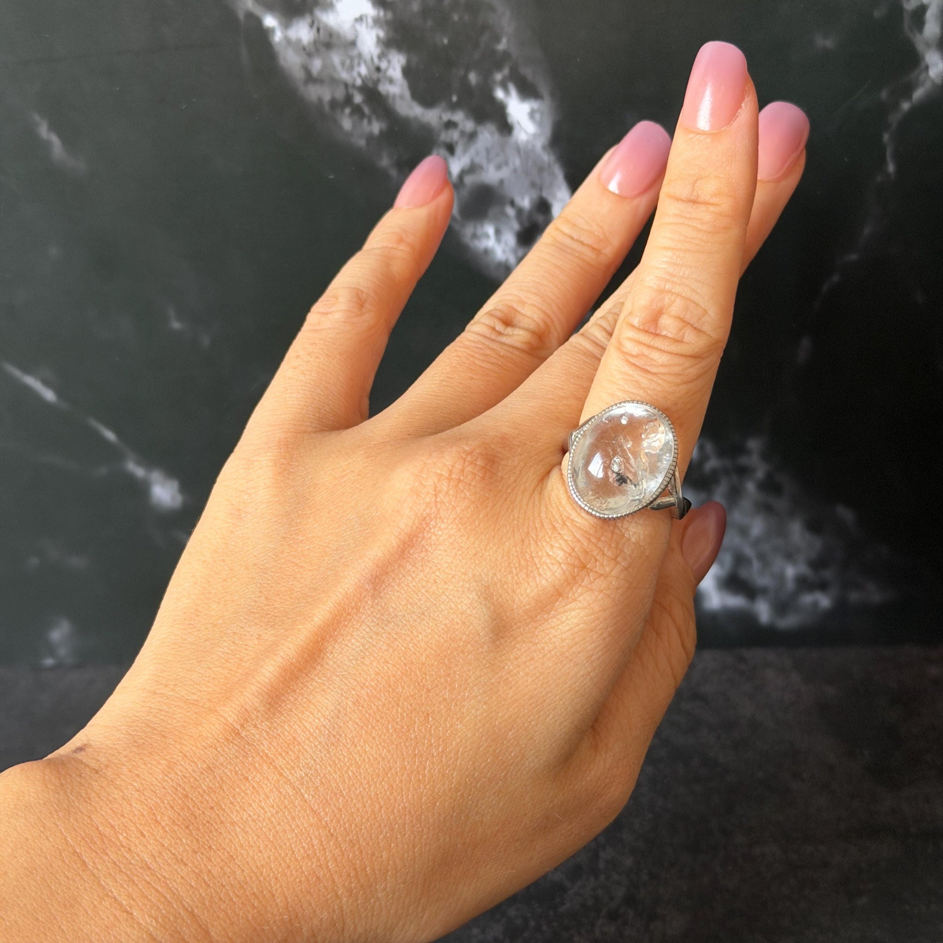 Polished Enhydro Quartz (Herkimer Diamond) S925 Silver Adjustable Ring: Rainbow! Moving Sand and Bubble Inclusion Crystal Statement Ring for Women ring crystal band ring crystal cocktail ring crystal stackable ring 7 chakra crystal ring meditation crystal healing stone birthstone silver ring ring for men rainbow quartz inclusion quartz inclusion crystal minerals specimen silver ring free size ring adjustable ring holder