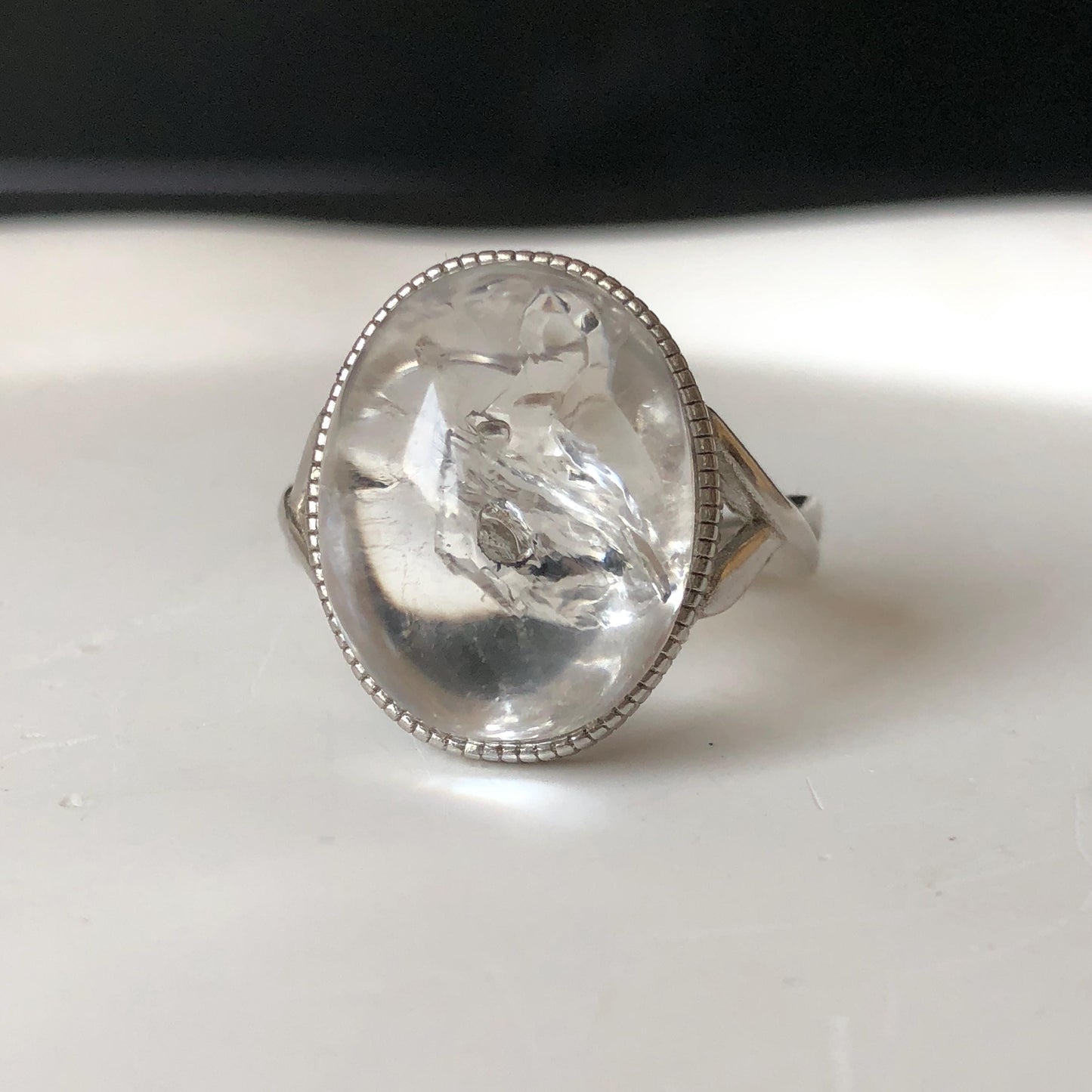 Polished Enhydro Quartz (Herkimer Diamond) S925 Silver Adjustable Ring: Rainbow! Moving Sand and Bubble Inclusion Crystal Statement Ring for Women ring crystal band ring crystal cocktail ring crystal stackable ring 7 chakra crystal ring meditation crystal healing stone birthstone silver ring ring for men rainbow quartz inclusion quartz inclusion crystal minerals specimen silver ring free size ring adjustable ring holder