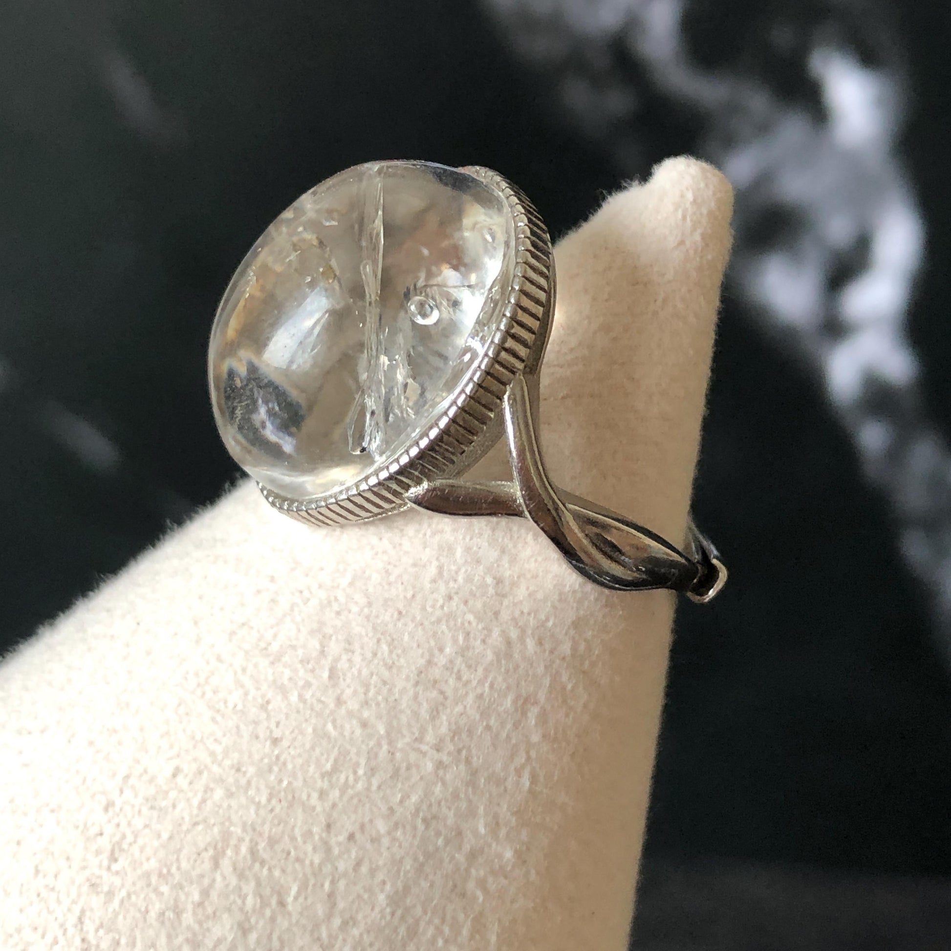 Polished Enhydro Quartz (Herkimer Diamond) S925 Silver Adjustable Ring: Rainbow! Moving Sand and Bubble Inclusion Crystal Statement Ring for Women ring crystal band ring crystal cocktail ring crystal stackable ring 7 chakra crystal ring meditation crystal healing stone birthstone silver ring ring for men rainbow quartz inclusion quartz inclusion crystal minerals specimen silver ring free size ring adjustable ring holder