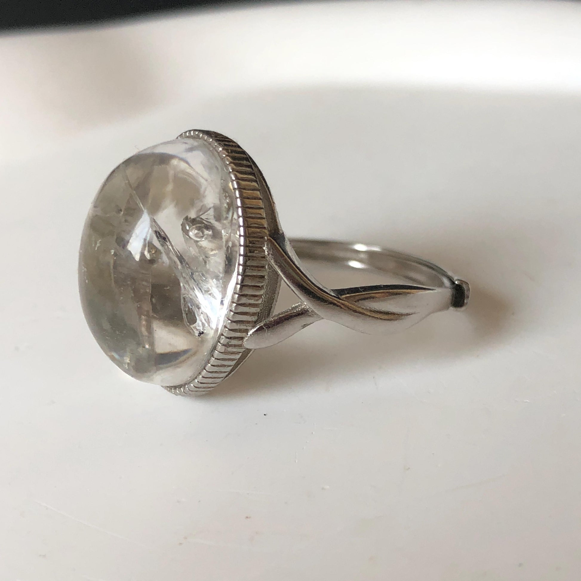 Polished Enhydro Quartz (Herkimer Diamond) S925 Silver Adjustable Ring: Rainbow! Moving Sand and Bubble Inclusion Crystal Statement Ring for Women ring crystal band ring crystal cocktail ring crystal stackable ring 7 chakra crystal ring meditation crystal healing stone birthstone silver ring ring for men rainbow quartz inclusion quartz inclusion crystal minerals specimen silver ring free size ring adjustable ring holder