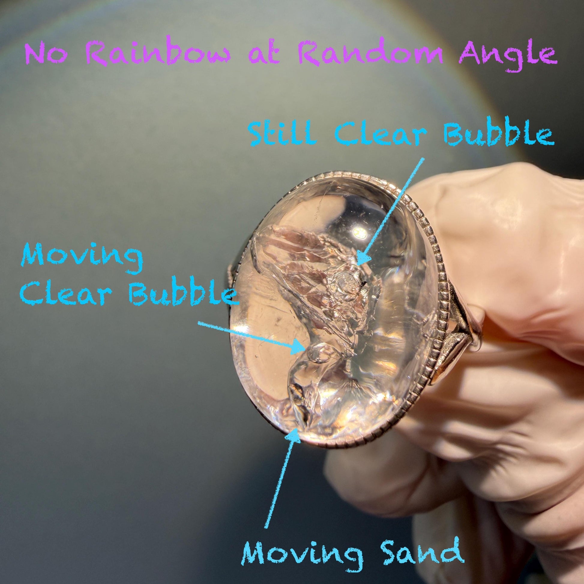 Polished Enhydro Quartz (Herkimer Diamond) S925 Silver Adjustable Ring: Rainbow! Moving Sand and Bubble Inclusion Crystal Statement Ring for Women ring crystal band ring crystal cocktail ring crystal stackable ring 7 chakra crystal ring meditation crystal healing stone birthstone silver ring ring for men rainbow quartz inclusion quartz inclusion crystal minerals specimen silver ring free size ring adjustable ring holder