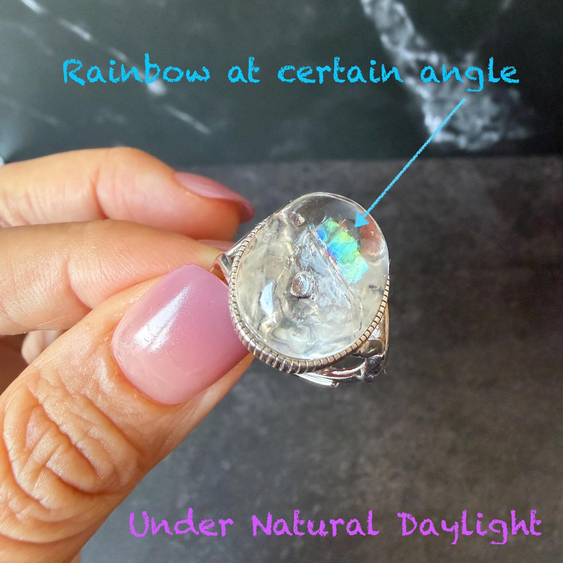 Polished Enhydro Quartz (Herkimer Diamond) S925 Silver Adjustable Ring: Rainbow! Moving Sand and Bubble Inclusion Crystal Statement Ring for Women ring crystal band ring crystal cocktail ring crystal stackable ring 7 chakra crystal ring meditation crystal healing stone birthstone silver ring ring for men rainbow quartz inclusion quartz inclusion crystal minerals specimen silver ring free size ring adjustable ring holder