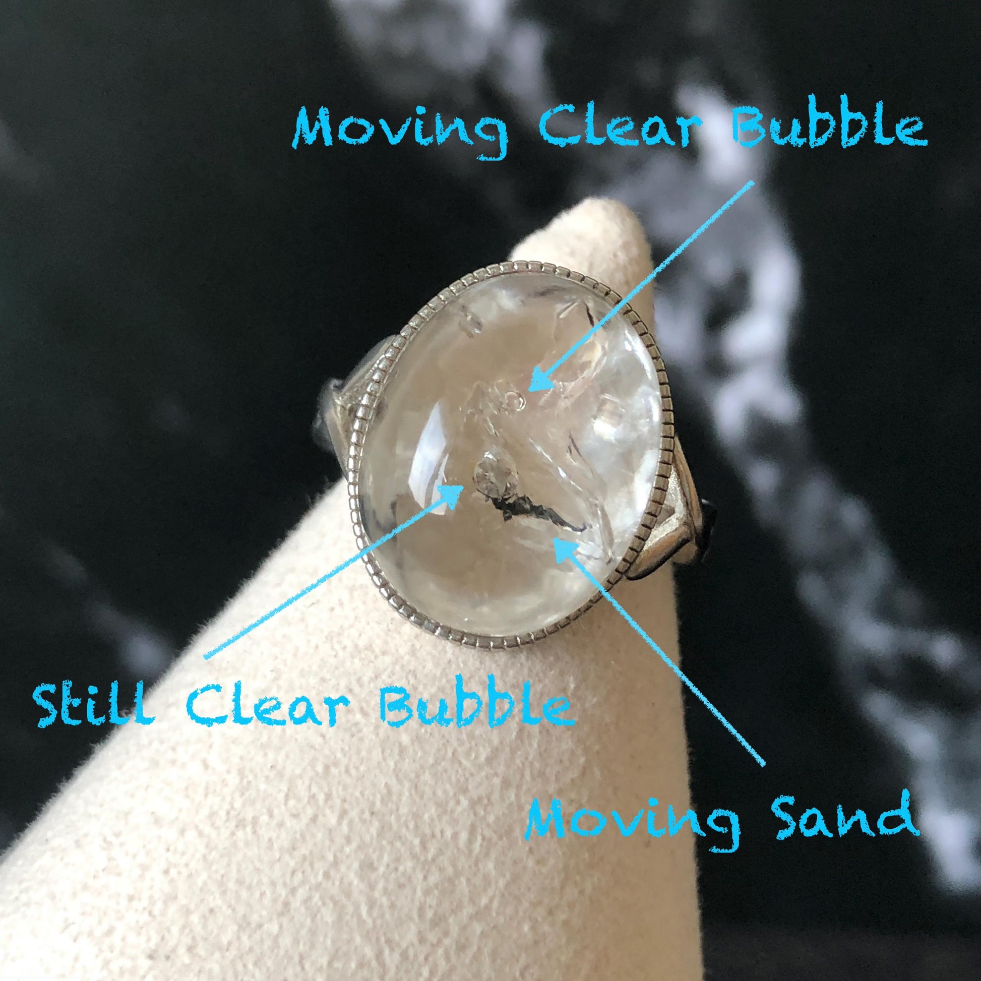 Polished Enhydro Quartz (Herkimer Diamond) S925 Silver Adjustable Ring: Rainbow! Moving Sand and Bubble Inclusion Crystal