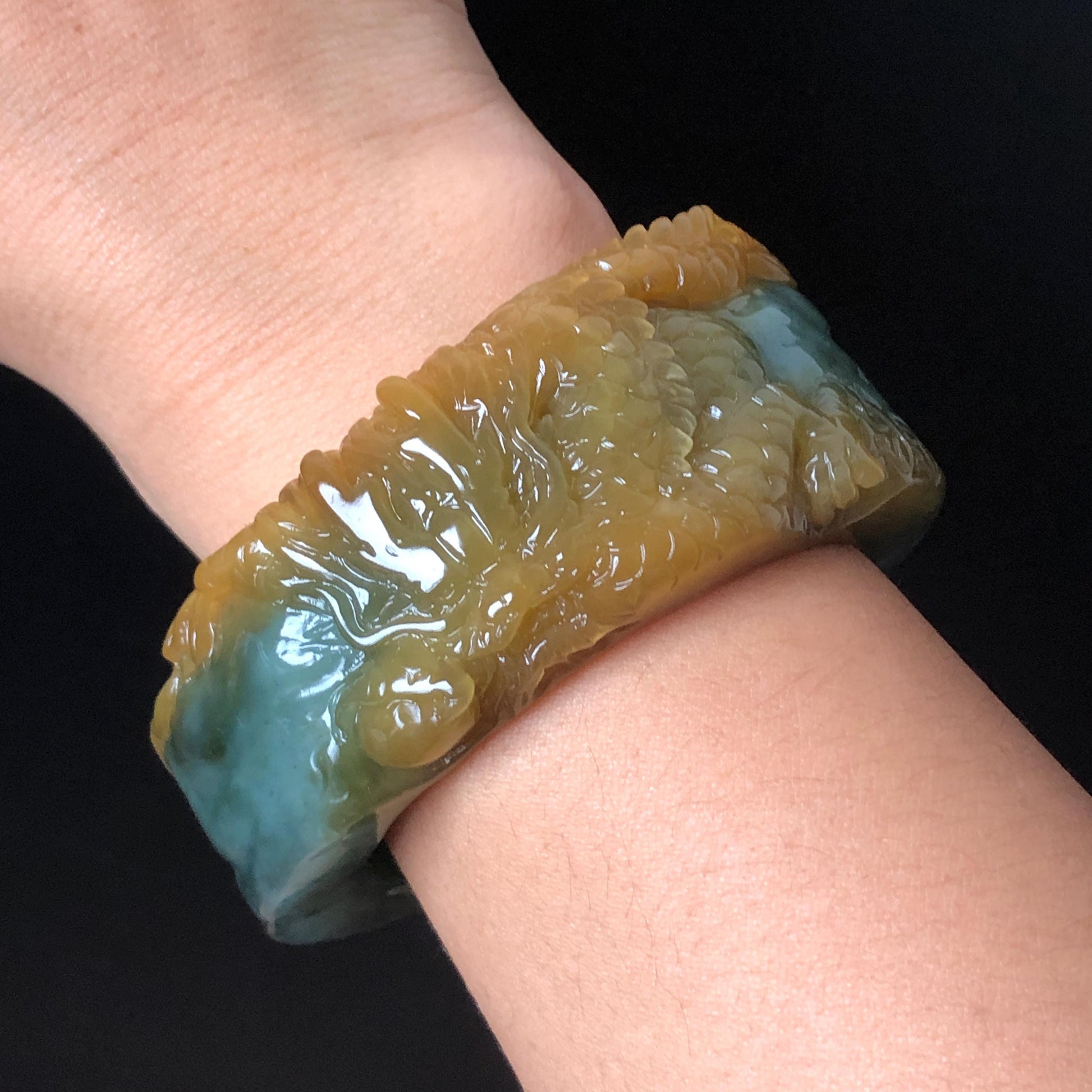 56mm Xiu Jade Serpentine Hand Carved Golden Dragon Bangle: Natural Yellow Greenish Blue Jade Handcrafted Bracelet, Stone Carving Gemstone Jewelry Gift for her wide jade bangle jade carving hand engraved stone carving natural untreated jade bracelet green jade yellow jade blue jade handcraft jade dragon carving mountain carving chinese jade vintage bangle antique bracelet