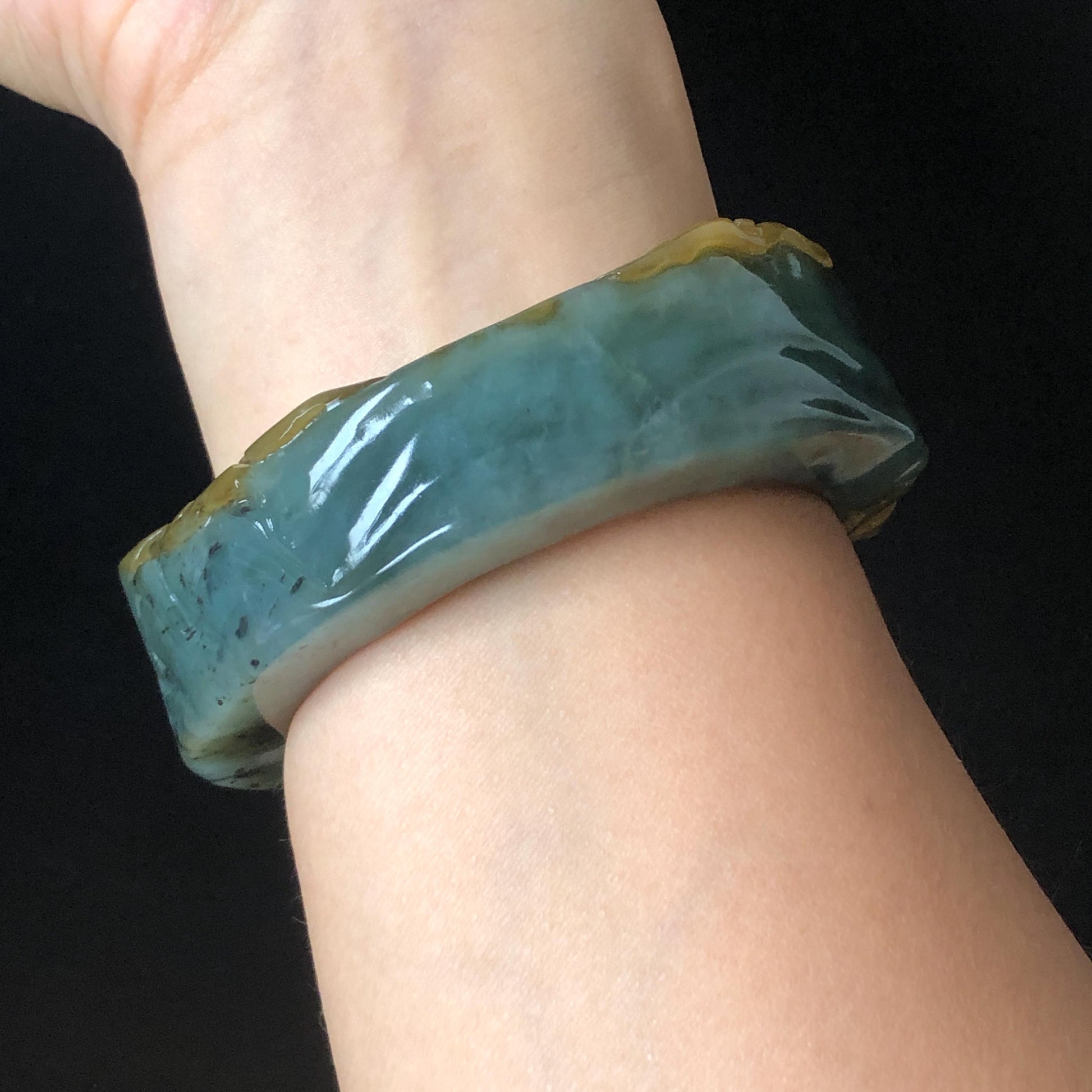 56mm Xiu Jade Serpentine Hand Carved Golden Dragon Bangle: Natural Yellow Greenish Blue Jade Handcrafted Bracelet, Stone Carving Gemstone Jewelry Gift for her wide jade bangle jade carving hand engraved stone carving natural untreated jade bracelet green jade yellow jade blue jade handcraft jade dragon carving mountain carving chinese jade vintage bangle antique bracelet