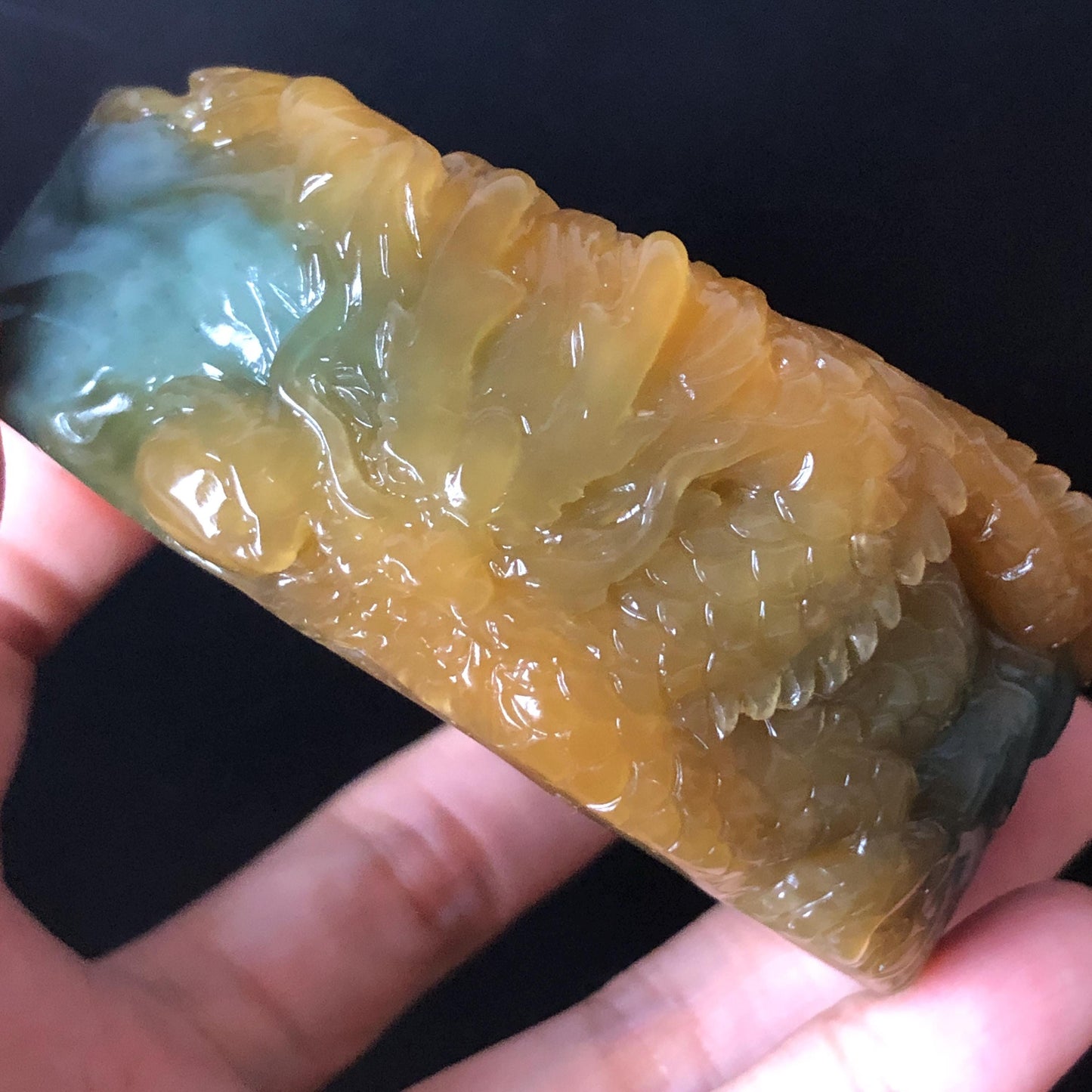 56mm Xiu Jade Serpentine Hand Carved Golden Dragon Bangle: Natural Yellow Greenish Blue Jade Handcrafted Bracelet, Stone Carving Gemstone Jewelry Gift for her wide jade bangle jade carving hand engraved stone carving natural untreated jade bracelet green jade yellow jade blue jade handcraft jade dragon carving mountain carving chinese jade vintage bangle antique bracelet