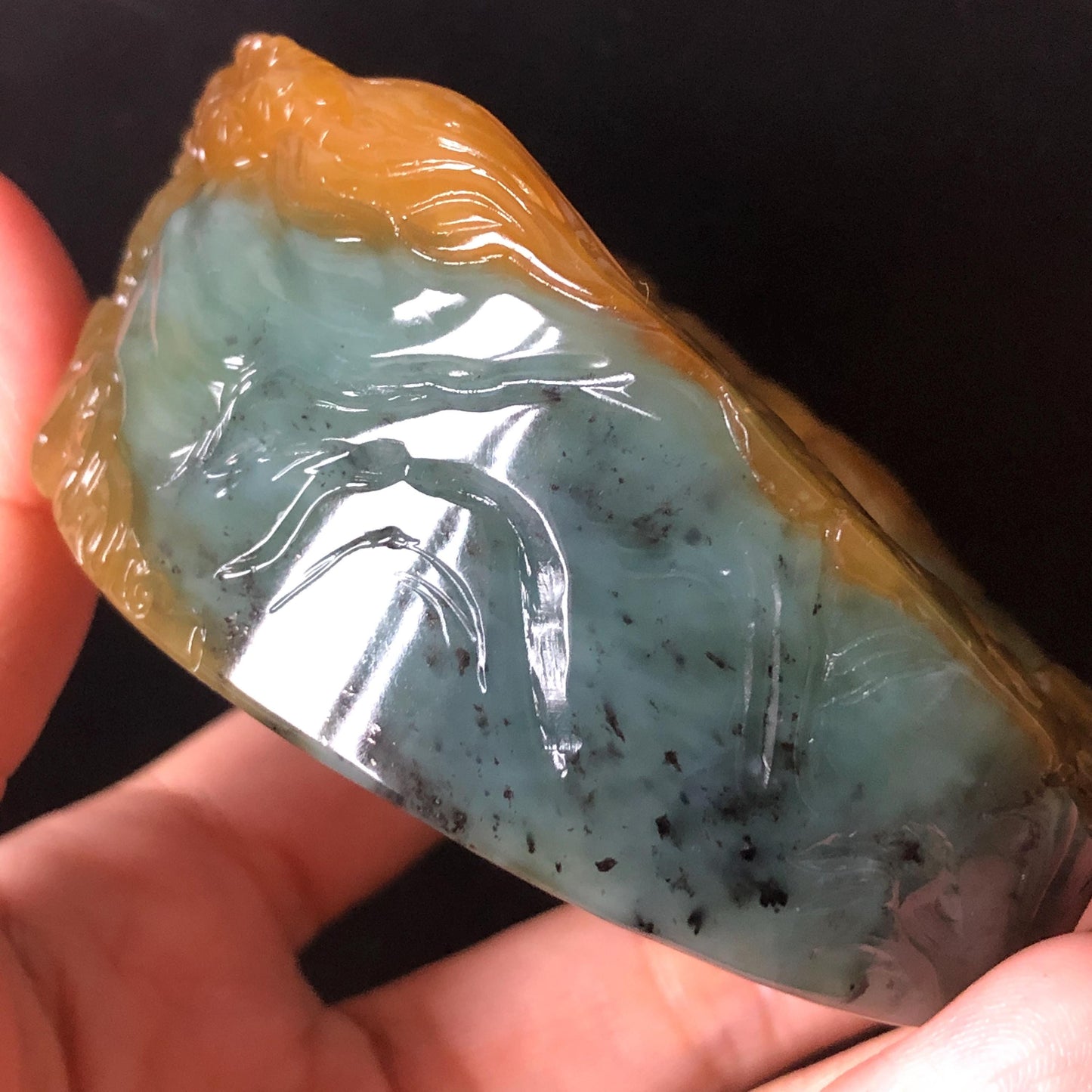 56mm Xiu Jade Serpentine Hand Carved Golden Dragon Bangle: Natural Yellow Greenish Blue Jade Handcrafted Bracelet, Stone Carving Gemstone Jewelry Gift for her wide jade bangle jade carving hand engraved stone carving natural untreated jade bracelet green jade yellow jade blue jade handcraft jade dragon carving mountain carving chinese jade vintage bangle antique bracelet