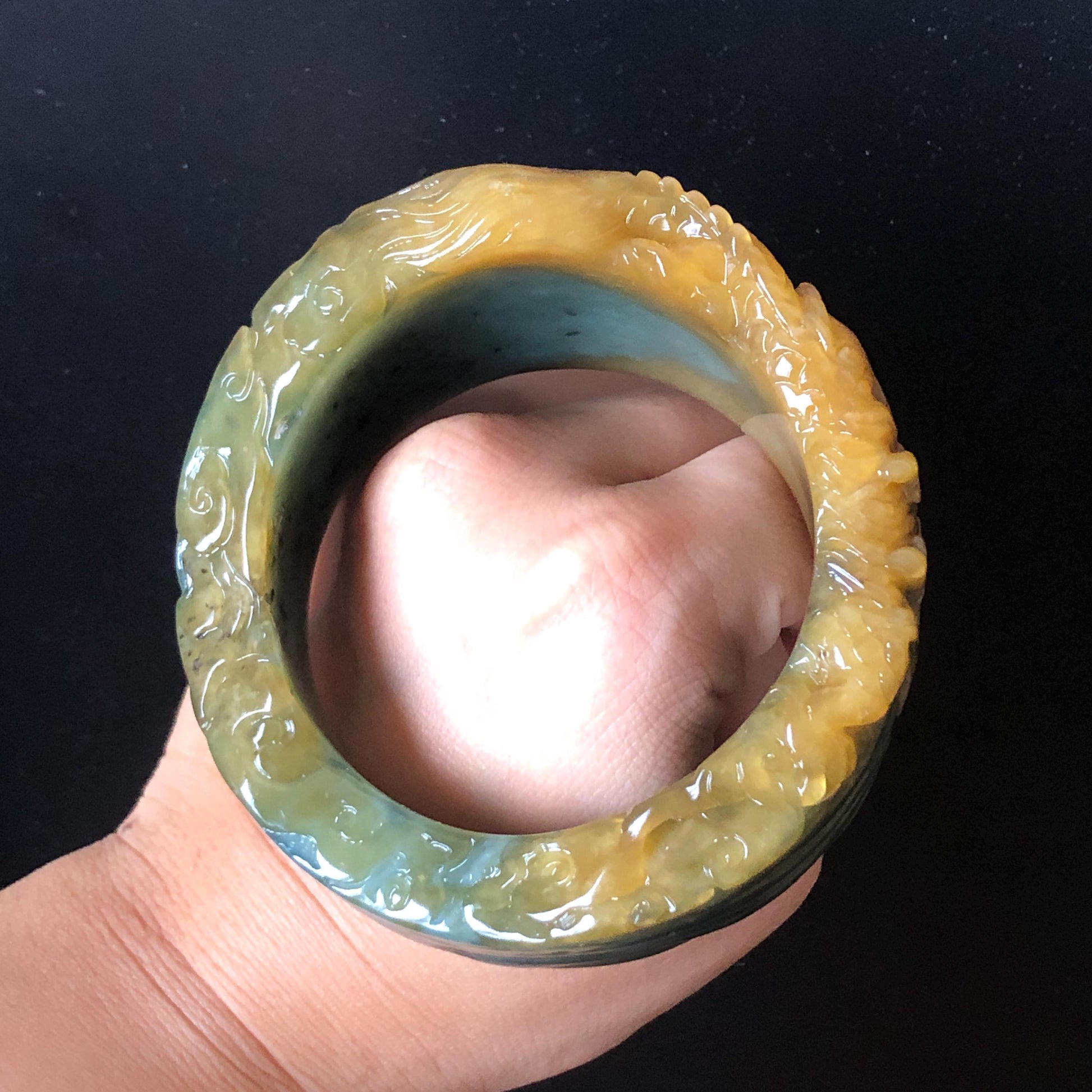 56mm Xiu Jade Serpentine Hand Carved Golden Dragon Bangle: Natural Yellow Greenish Blue Jade Handcrafted Bracelet, Stone Carving Gemstone Jewelry Gift for her wide jade bangle jade carving hand engraved stone carving natural untreated jade bracelet green jade yellow jade blue jade handcraft jade dragon carving mountain carving chinese jade vintage bangle antique bracelet