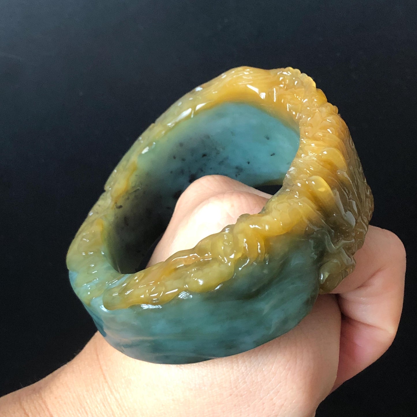 56mm Xiu Jade Serpentine Hand Carved Golden Dragon Bangle: Natural Yellow Greenish Blue Jade Handcrafted Bracelet, Stone Carving Gemstone Jewelry Gift for her wide jade bangle jade carving hand engraved stone carving natural untreated jade bracelet green jade yellow jade blue jade handcraft jade dragon carving mountain carving chinese jade vintage bangle antique bracelet