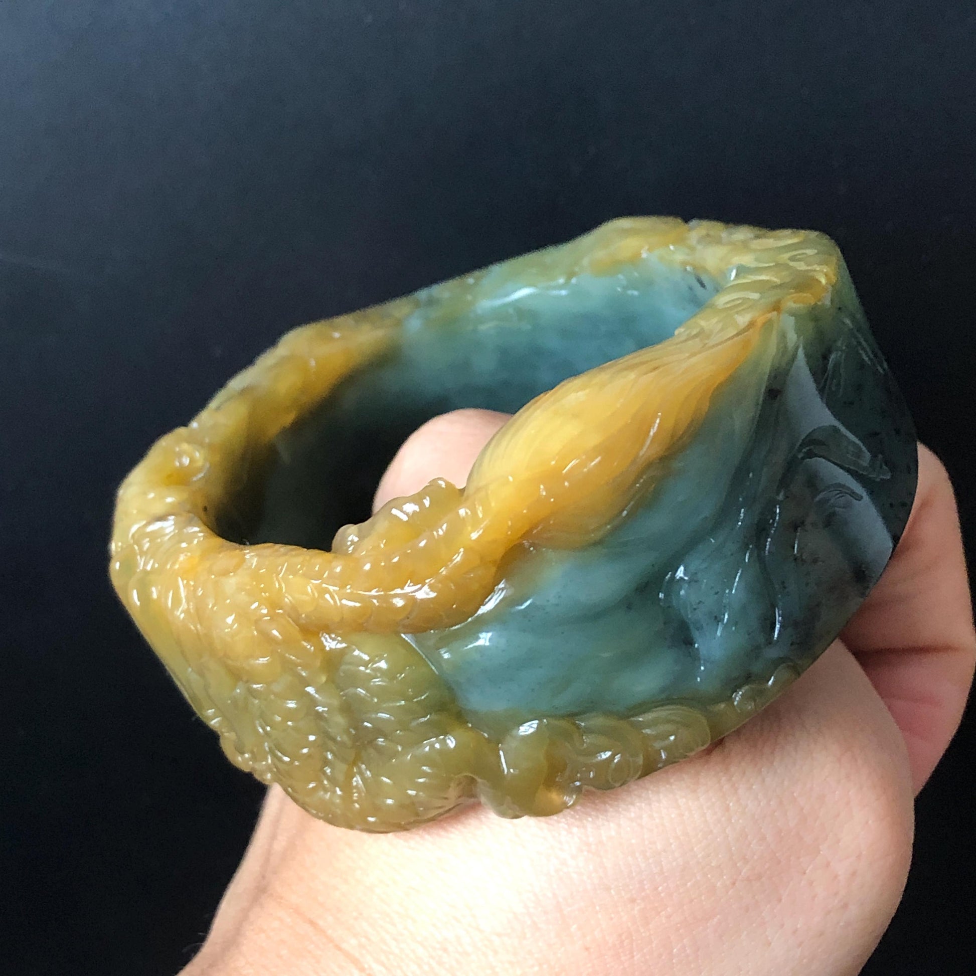 56mm Xiu Jade Serpentine Hand Carved Golden Dragon Bangle: Natural Yellow Greenish Blue Jade Handcrafted Bracelet, Stone Carving Gemstone Jewelry Gift for her wide jade bangle jade carving hand engraved stone carving natural untreated jade bracelet green jade yellow jade blue jade handcraft jade dragon carving mountain carving chinese jade vintage bangle antique bracelet