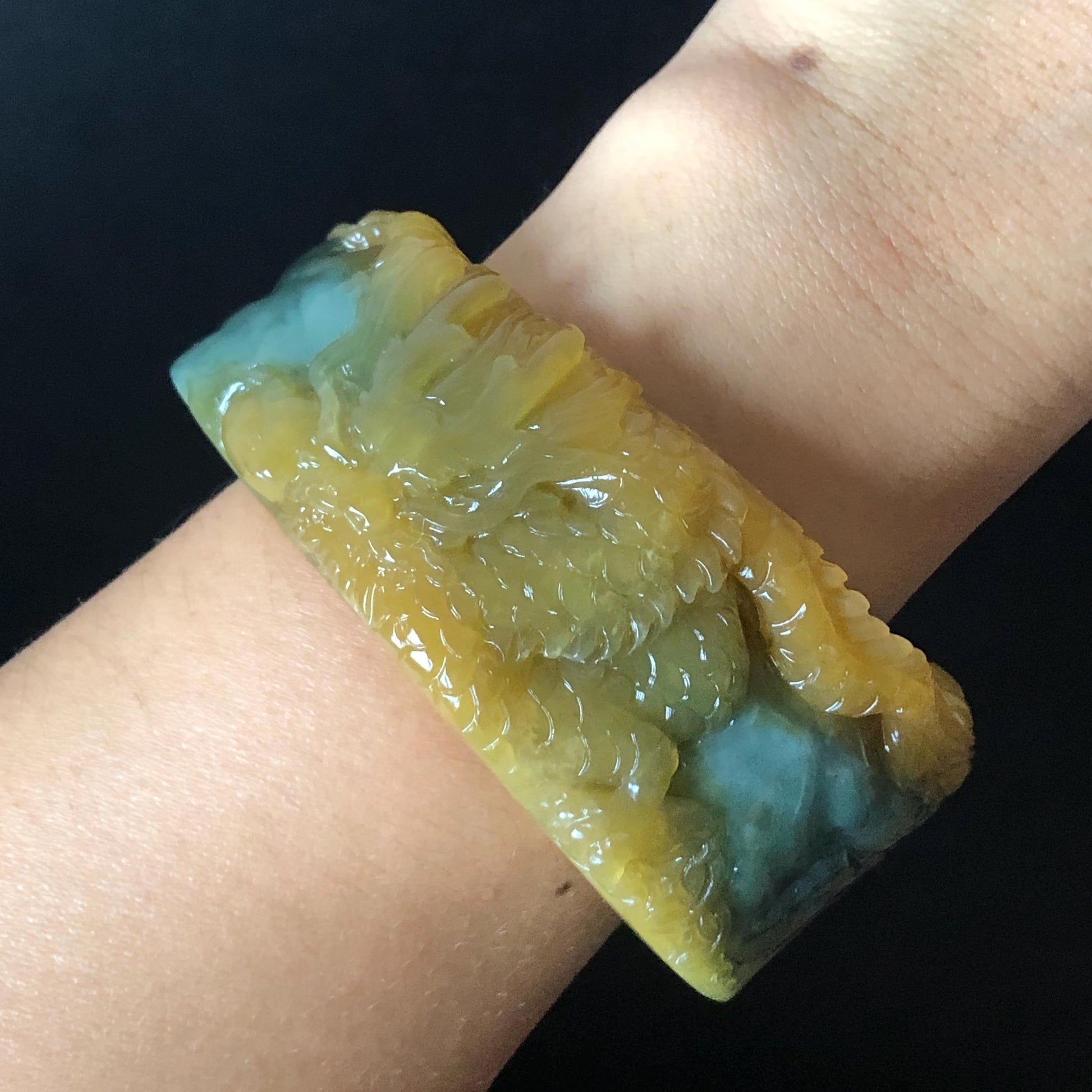 56mm Xiu Jade Serpentine Hand Carved Golden Dragon Bangle: Natural Yellow Greenish Blue Jade Handcrafted Bracelet, Stone Carving Gemstone Jewelry Gift for her wide jade bangle jade carving hand engraved stone carving natural untreated jade bracelet green jade yellow jade blue jade handcraft jade dragon carving mountain carving chinese jade vintage bangle antique bracelet