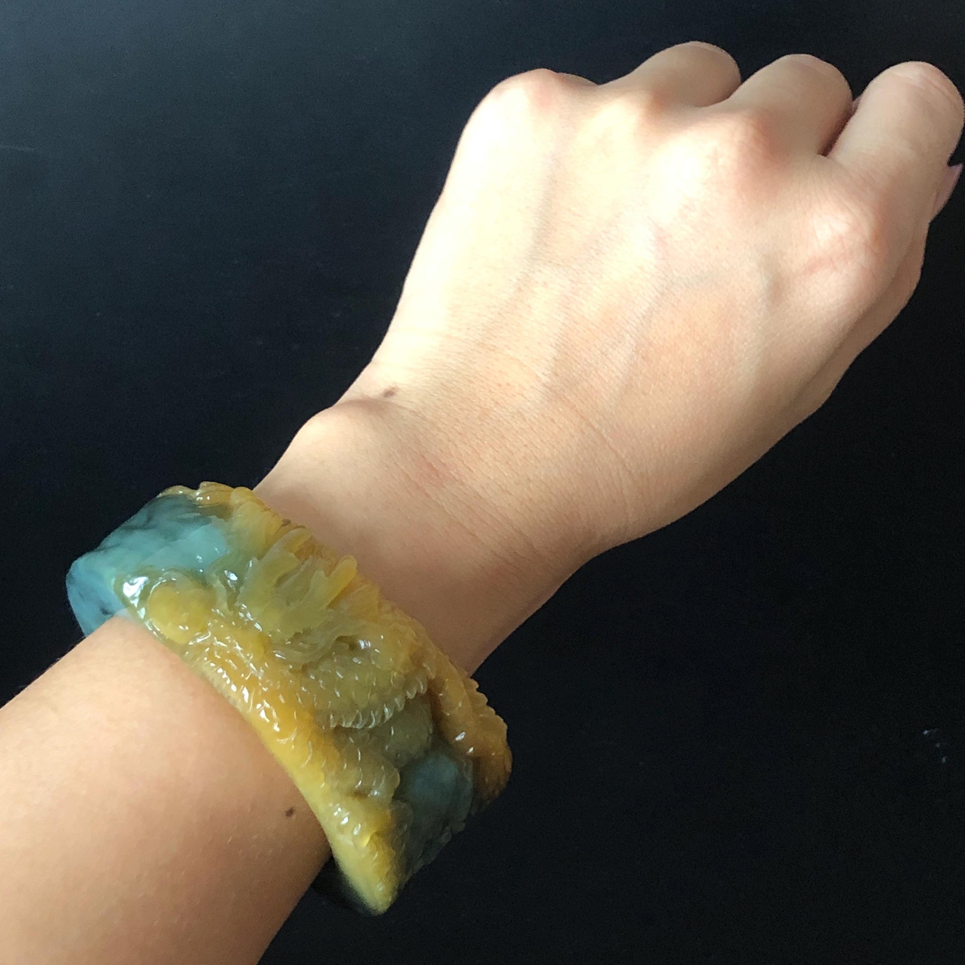 56mm Xiu Jade Serpentine Hand Carved Golden Dragon Bangle: Natural Yellow Greenish Blue Jade Handcrafted Bracelet, Stone Carving Gemstone Jewelry Gift for her wide jade bangle jade carving hand engraved stone carving natural untreated jade bracelet green jade yellow jade blue jade handcraft jade dragon carving mountain carving chinese jade vintage bangle antique bracelet