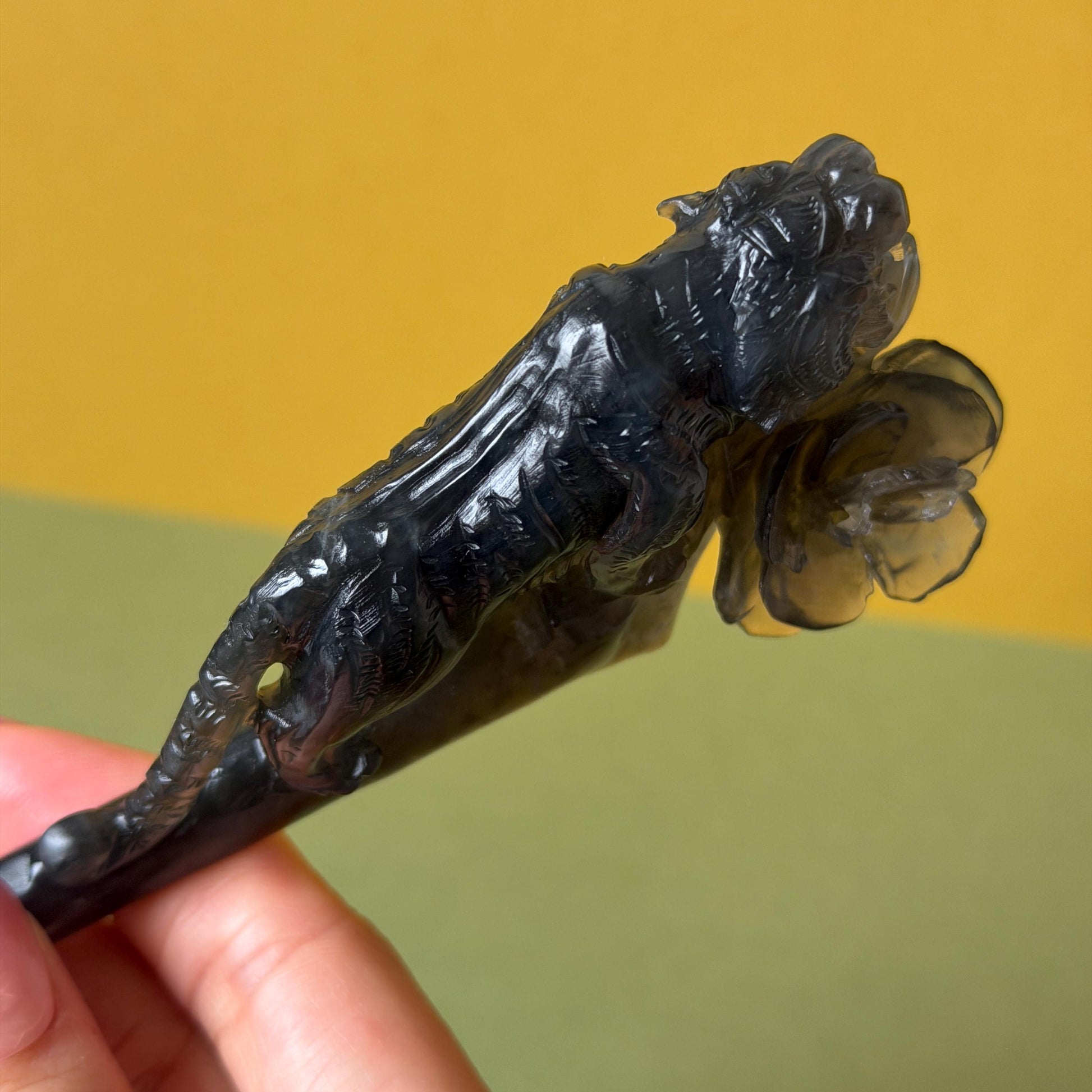 Xiu Jade (Serpentine) Hand Carved Tiger & Rose Hair Pin: Natural Handcrafted Black Jade Hair Stick with Certificate | Asian Chinese Vintage Hair Fork Gift black jade carving hand engraved tiger hairpins hand carved hair stick cat carving tiger carving black tiger hair fork flower carving natural untreated jade with  japanese hair stick korean hair fork chinese hair pins hanfu hairpins vintage hair comb tiger lover gift gothic hairpins jade hair accessory carved hair jewelry rose carving