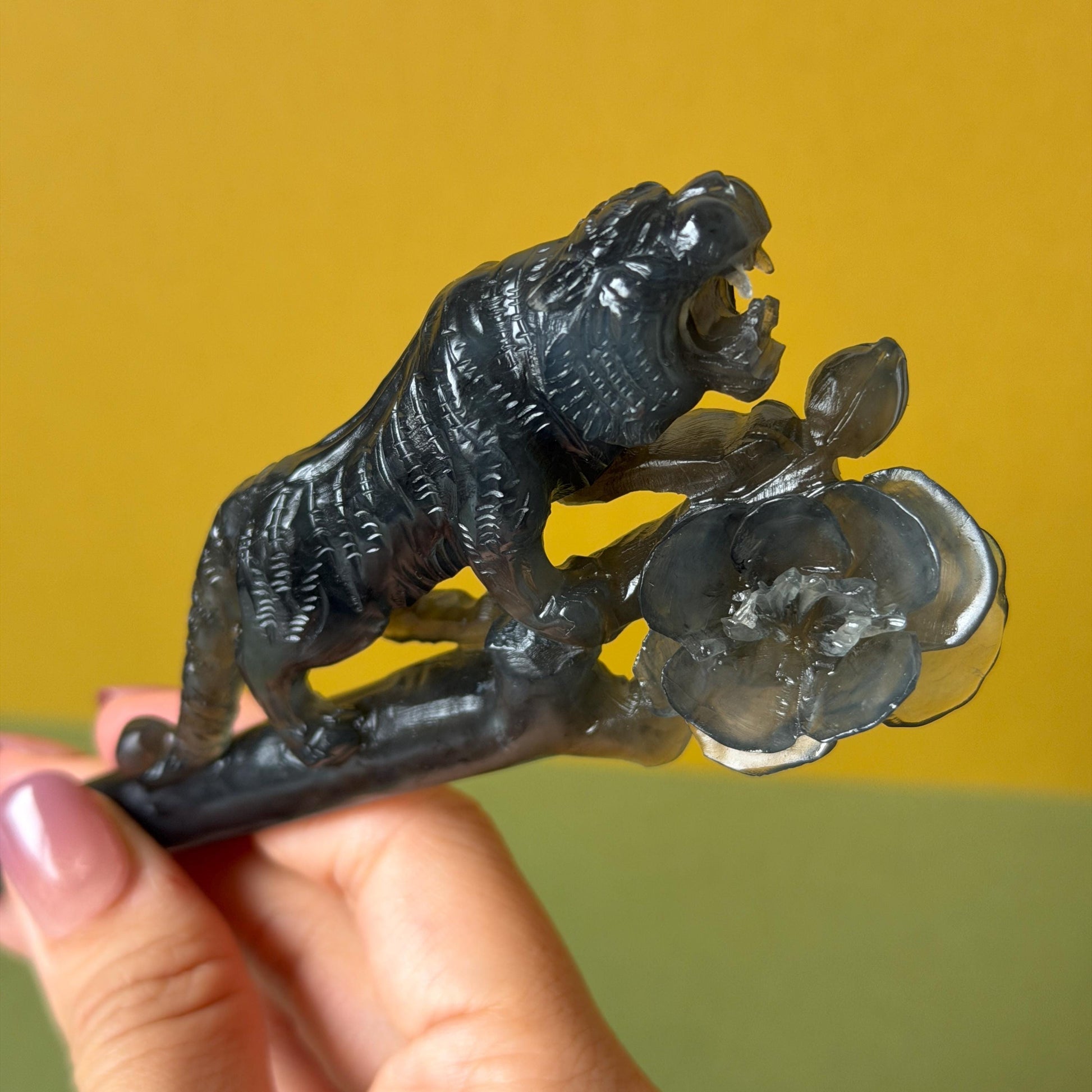 Xiu Jade (Serpentine) Hand Carved Tiger & Rose Hair Pin: Natural Handcrafted Black Jade Hair Stick with Certificate | Asian Chinese Vintage Hair Fork Gift black jade carving hand engraved tiger hairpins hand carved hair stick cat carving tiger carving black tiger hair fork flower carving natural untreated jade with  japanese hair stick korean hair fork chinese hair pins hanfu hairpins vintage hair comb tiger lover gift gothic hairpins jade hair accessory carved hair jewelry rose carving