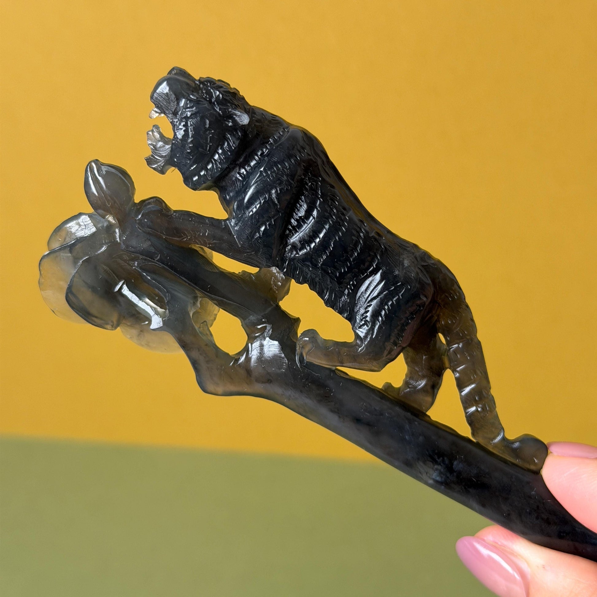 Xiu Jade (Serpentine) Hand Carved Tiger & Rose Hair Pin: Natural Handcrafted Black Jade Hair Stick with Certificate | Asian Chinese Vintage Hair Fork Gift black jade carving hand engraved tiger hairpins hand carved hair stick cat carving tiger carving black tiger hair fork flower carving natural untreated jade with  japanese hair stick korean hair fork chinese hair pins hanfu hairpins vintage hair comb tiger lover gift gothic hairpins jade hair accessory carved hair jewelry rose carving