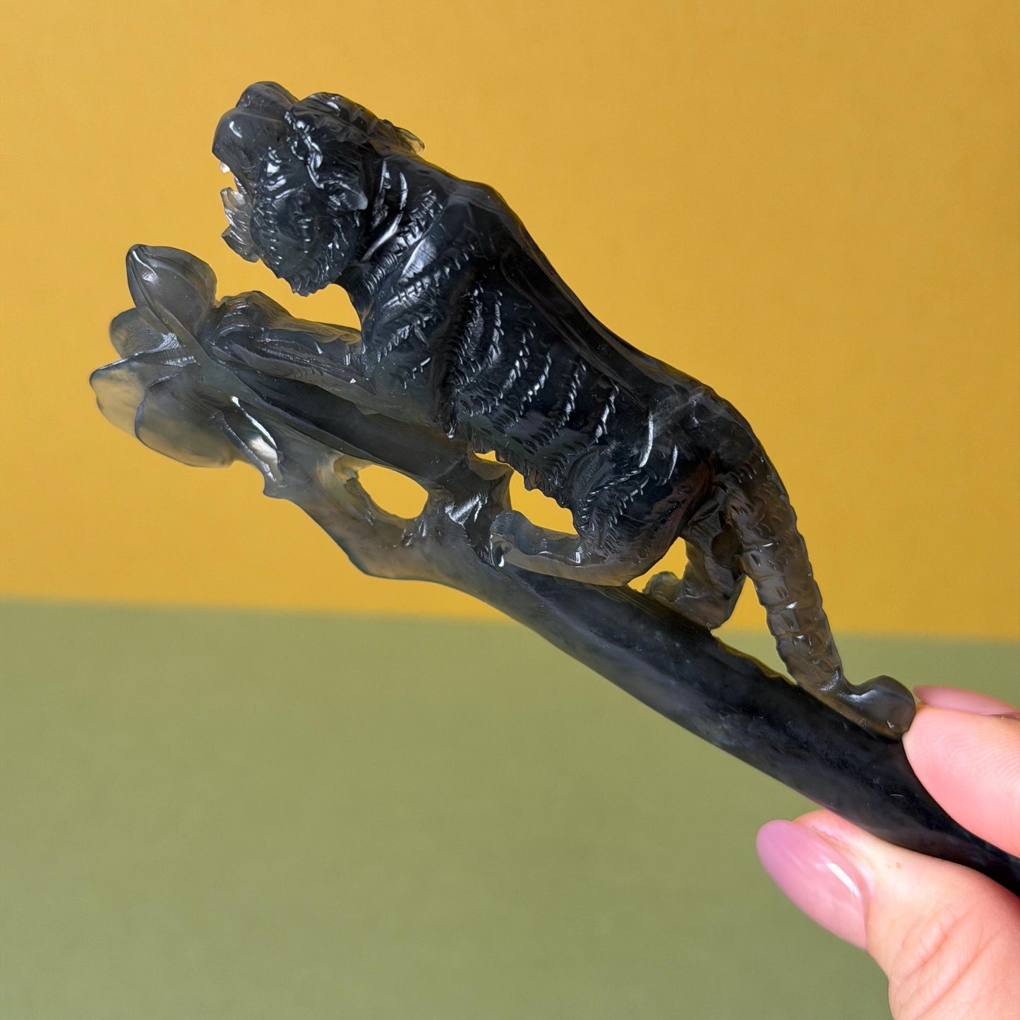 Xiu Jade (Serpentine) Hand Carved Tiger & Rose Hair Pin: Natural Handcrafted Black Jade Hair Stick with Certificate | Asian Chinese Vintage Hair Fork Gift black jade carving hand engraved tiger hairpins hand carved hair stick cat carving tiger carving black tiger hair fork flower carving natural untreated jade with  japanese hair stick korean hair fork chinese hair pins hanfu hairpins vintage hair comb tiger lover gift gothic hairpins jade hair accessory carved hair jewelry rose carving