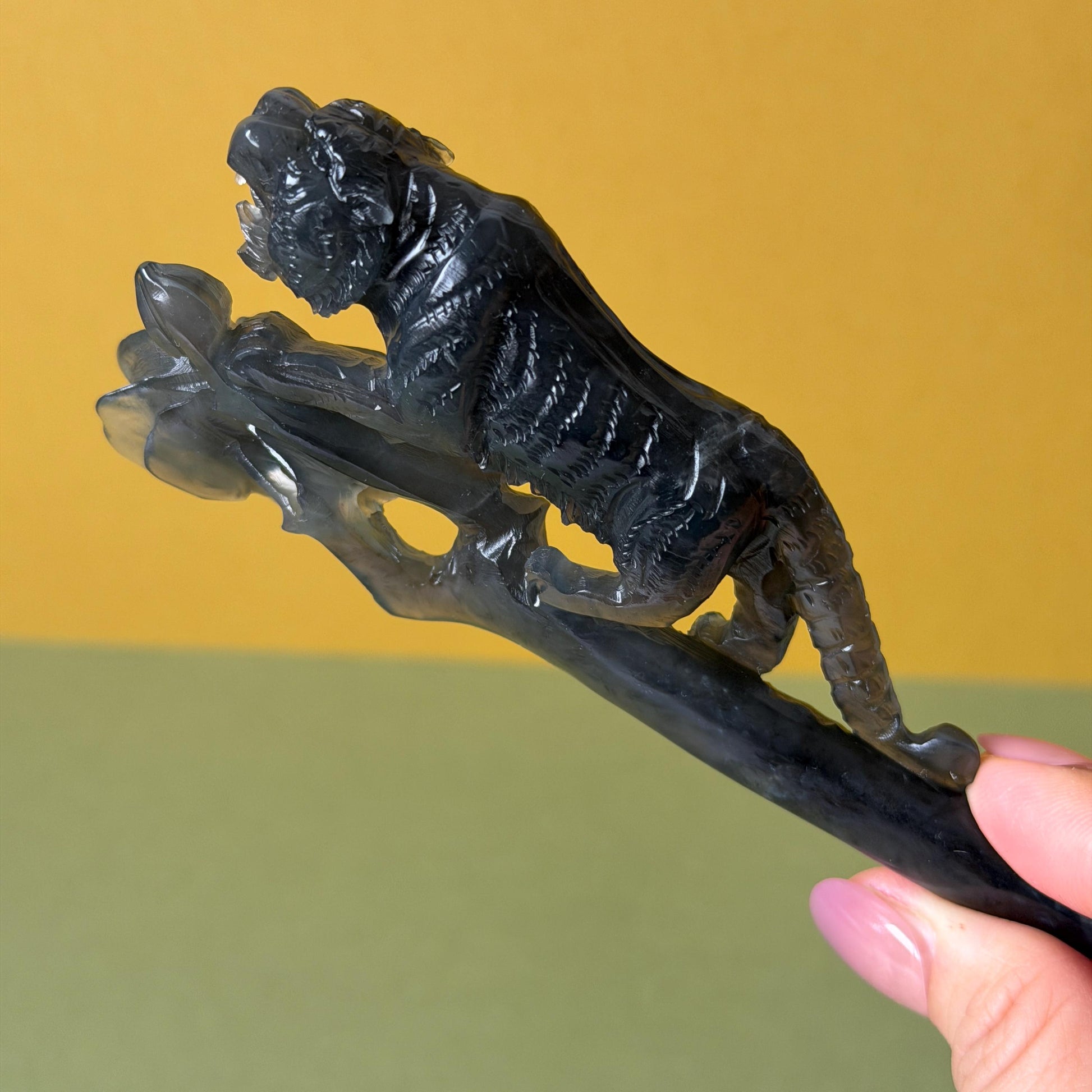 Xiu Jade (Serpentine) Hand Carved Tiger & Rose Hair Pin: Natural Handcrafted Black Jade Hair Stick with Certificate | Asian Chinese Vintage Hair Fork Gift black jade carving hand engraved tiger hairpins hand carved hair stick cat carving tiger carving black tiger hair fork flower carving natural untreated jade with  japanese hair stick korean hair fork chinese hair pins hanfu hairpins vintage hair comb tiger lover gift gothic hairpins jade hair accessory carved hair jewelry rose carving