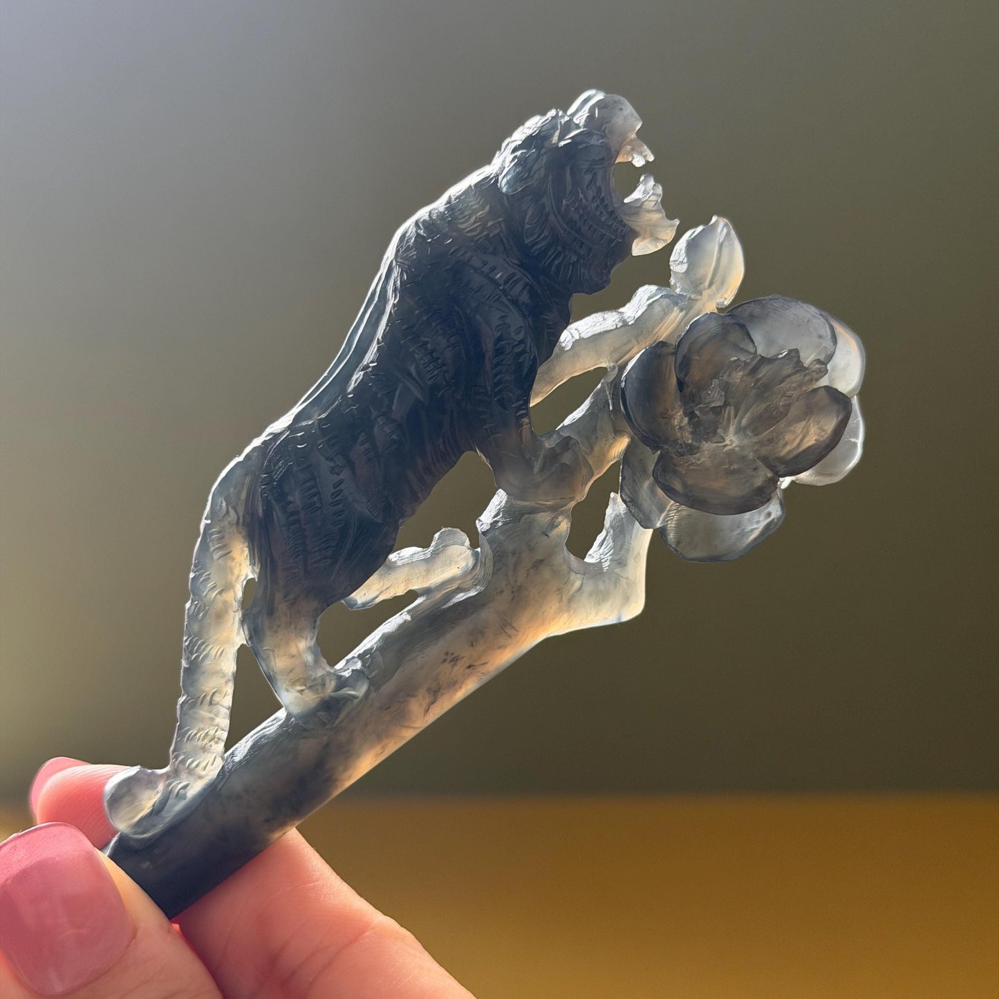 Xiu Jade (Serpentine) Hand Carved Tiger & Rose Hair Pin: Natural Handcrafted Black Jade Hair Stick with Certificate | Asian Chinese Vintage Hair Fork Gift black jade carving hand engraved tiger hairpins hand carved hair stick cat carving tiger carving black tiger hair fork flower carving natural untreated jade with  japanese hair stick korean hair fork chinese hair pins hanfu hairpins vintage hair comb tiger lover gift gothic hairpins jade hair accessory carved hair jewelry rose carving