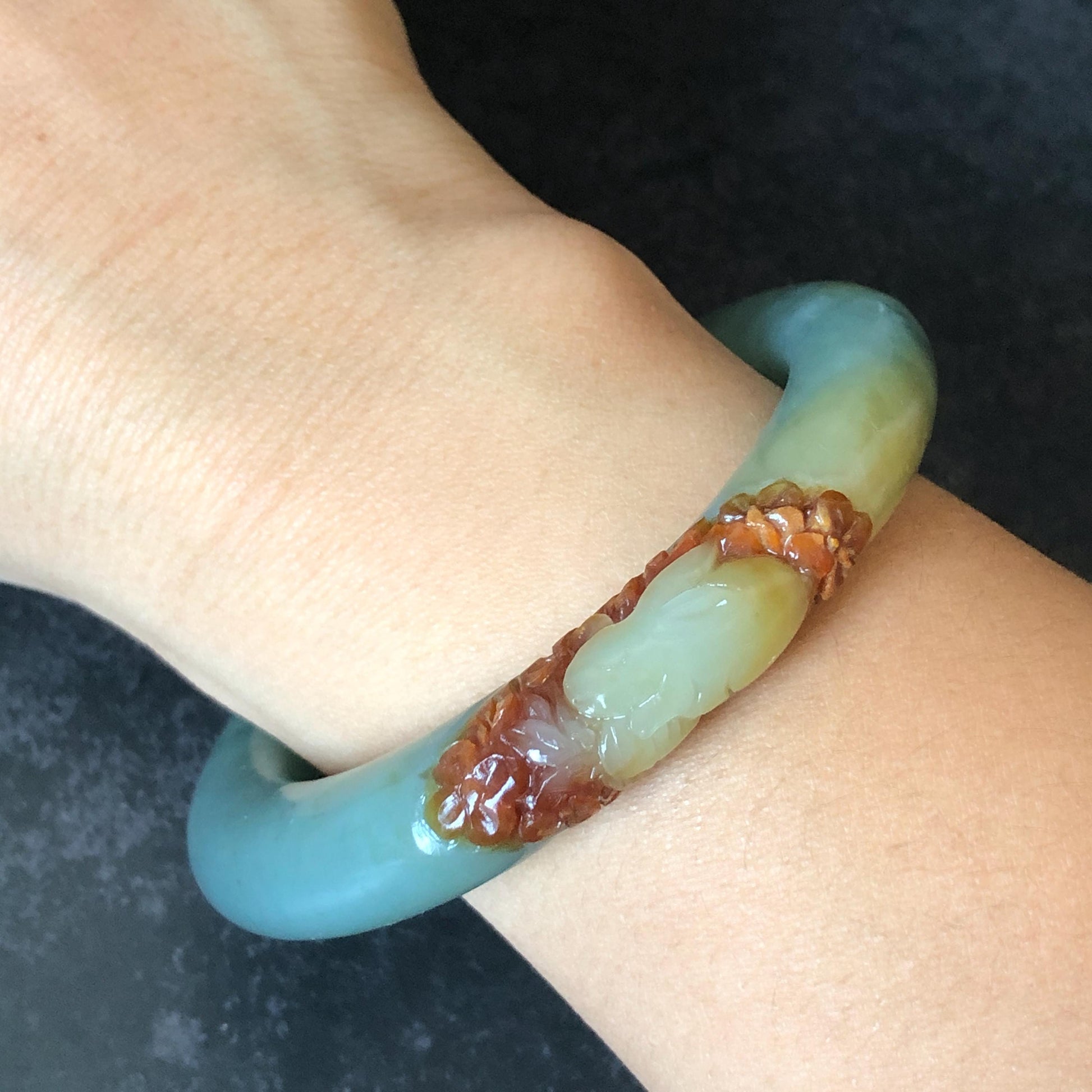 55.3mm Xiu Jade Serpentine Hand Carved Rabbit & Radish Bangle: Natural White Brown Yellow Green Jade Handcrafted Bracelet, Stone Carving Gemstone Jewelry Gift for her wide jade bangle jade carving hand engraved stone carving natural untreated jade bracelet green jade yellow jade brown jade handcraft jade peony carving flower carving chinese jade vintage bangle antique bracelet