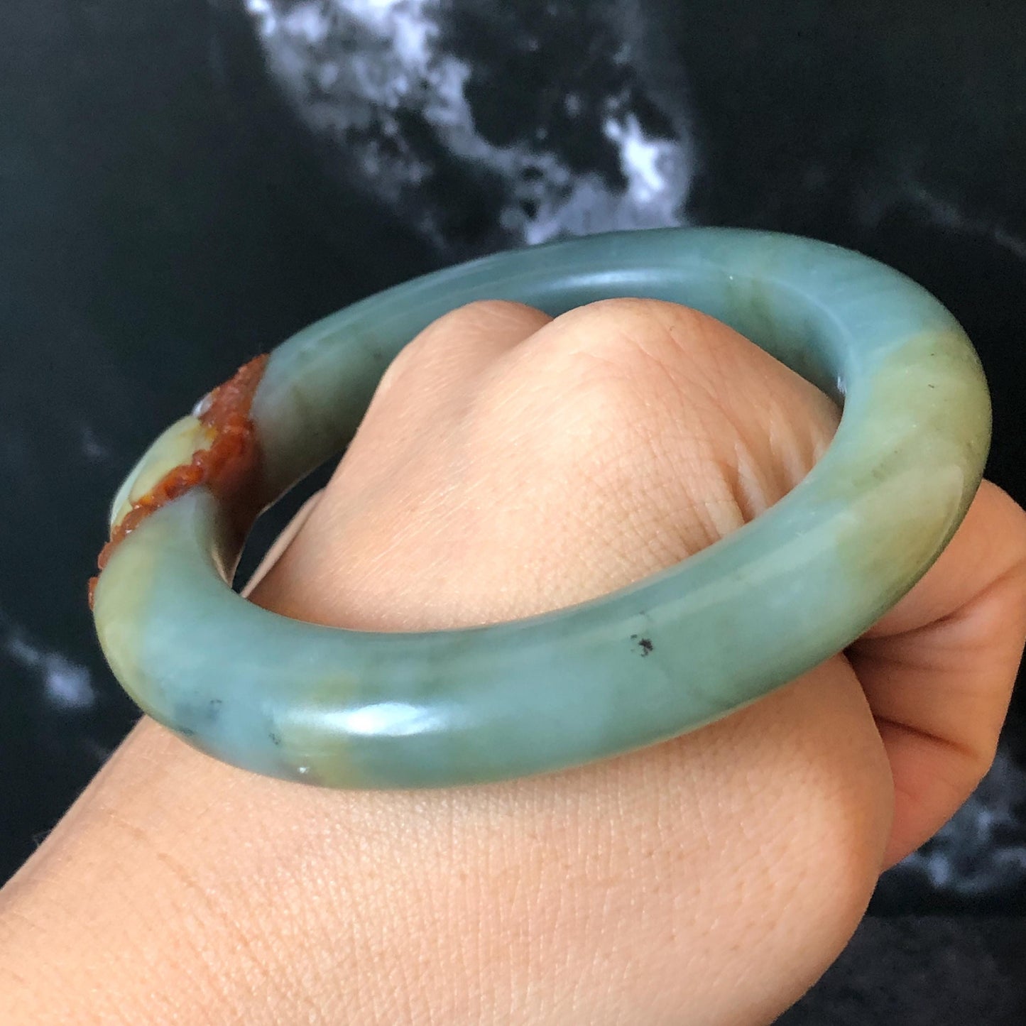 55.3mm Xiu Jade Serpentine Hand Carved Rabbit & Radish Bangle: Natural White Brown Yellow Green Jade Handcrafted Bracelet, Stone Carving Gemstone Jewelry Gift for her wide jade bangle jade carving hand engraved stone carving natural untreated jade bracelet green jade yellow jade brown jade handcraft jade peony carving flower carving chinese jade vintage bangle antique bracelet