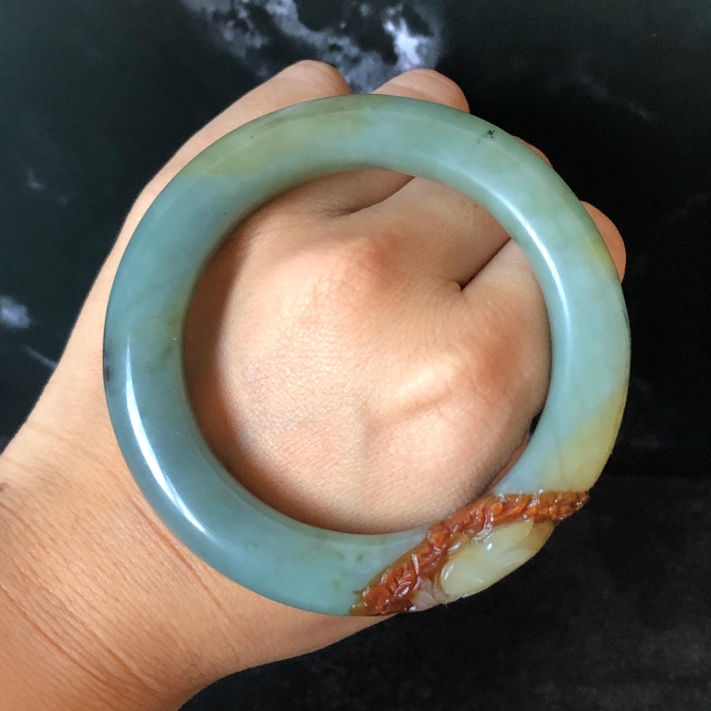 55.3mm Xiu Jade Serpentine Hand Carved Rabbit & Radish Bangle: Natural White Brown Yellow Green Jade Handcrafted Bracelet, Stone Carving Gemstone Jewelry Gift for her wide jade bangle jade carving hand engraved stone carving natural untreated jade bracelet green jade yellow jade brown jade handcraft jade peony carving flower carving chinese jade vintage bangle antique bracelet