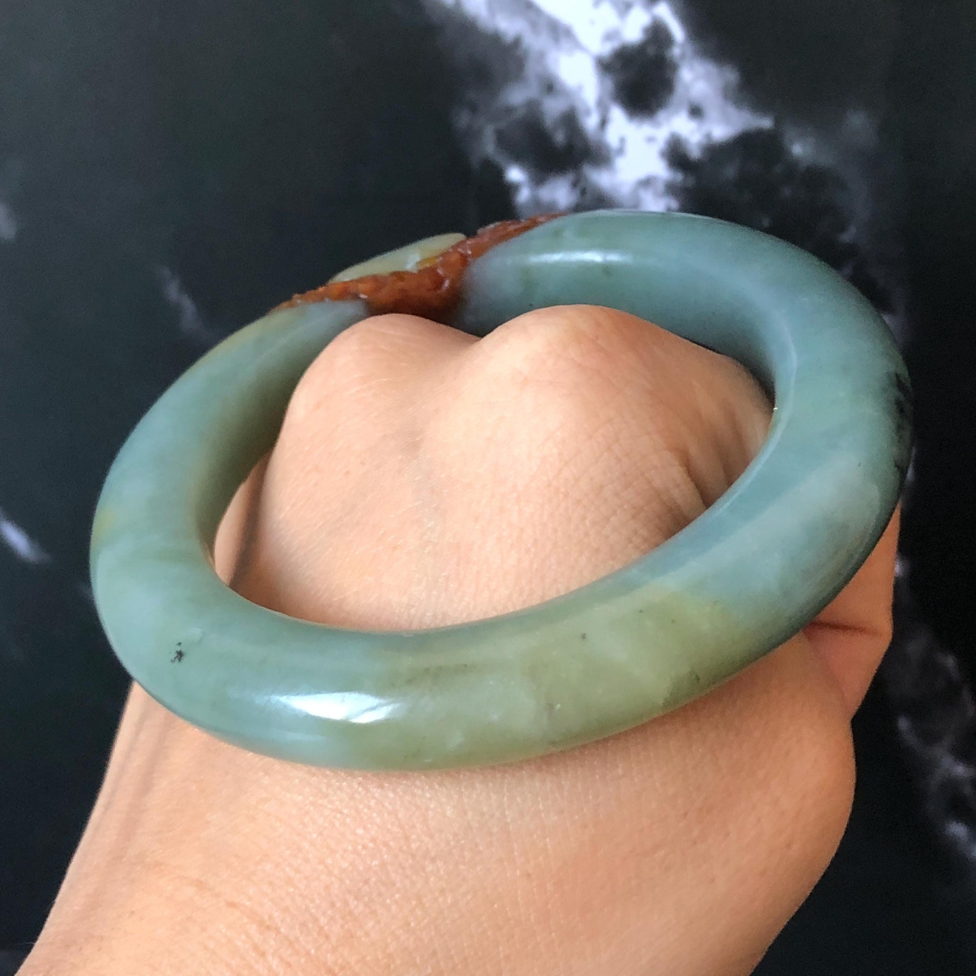 55.3mm Xiu Jade Serpentine Hand Carved Rabbit & Radish Bangle: Natural White Brown Yellow Green Jade Handcrafted Bracelet, Stone Carving Gemstone Jewelry Gift for her wide jade bangle jade carving hand engraved stone carving natural untreated jade bracelet green jade yellow jade brown jade handcraft jade peony carving flower carving chinese jade vintage bangle antique bracelet