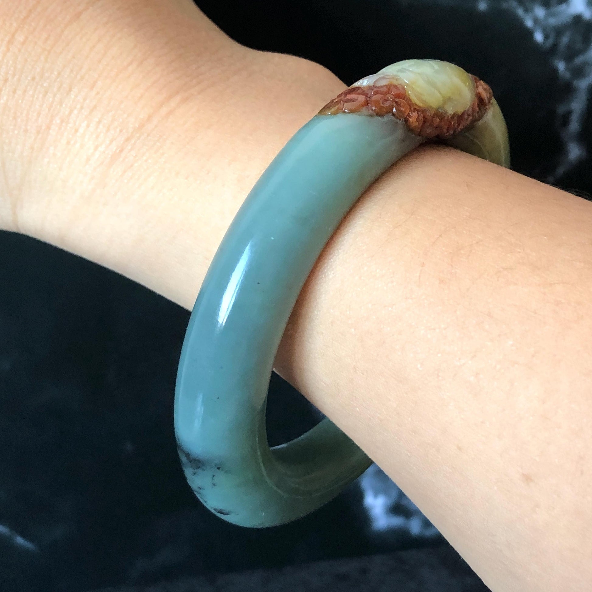 55.3mm Xiu Jade Serpentine Hand Carved Rabbit & Radish Bangle: Natural White Brown Yellow Green Jade Handcrafted Bracelet, Stone Carving Gemstone Jewelry Gift for her wide jade bangle jade carving hand engraved stone carving natural untreated jade bracelet green jade yellow jade brown jade handcraft jade peony carving flower carving chinese jade vintage bangle antique bracelet