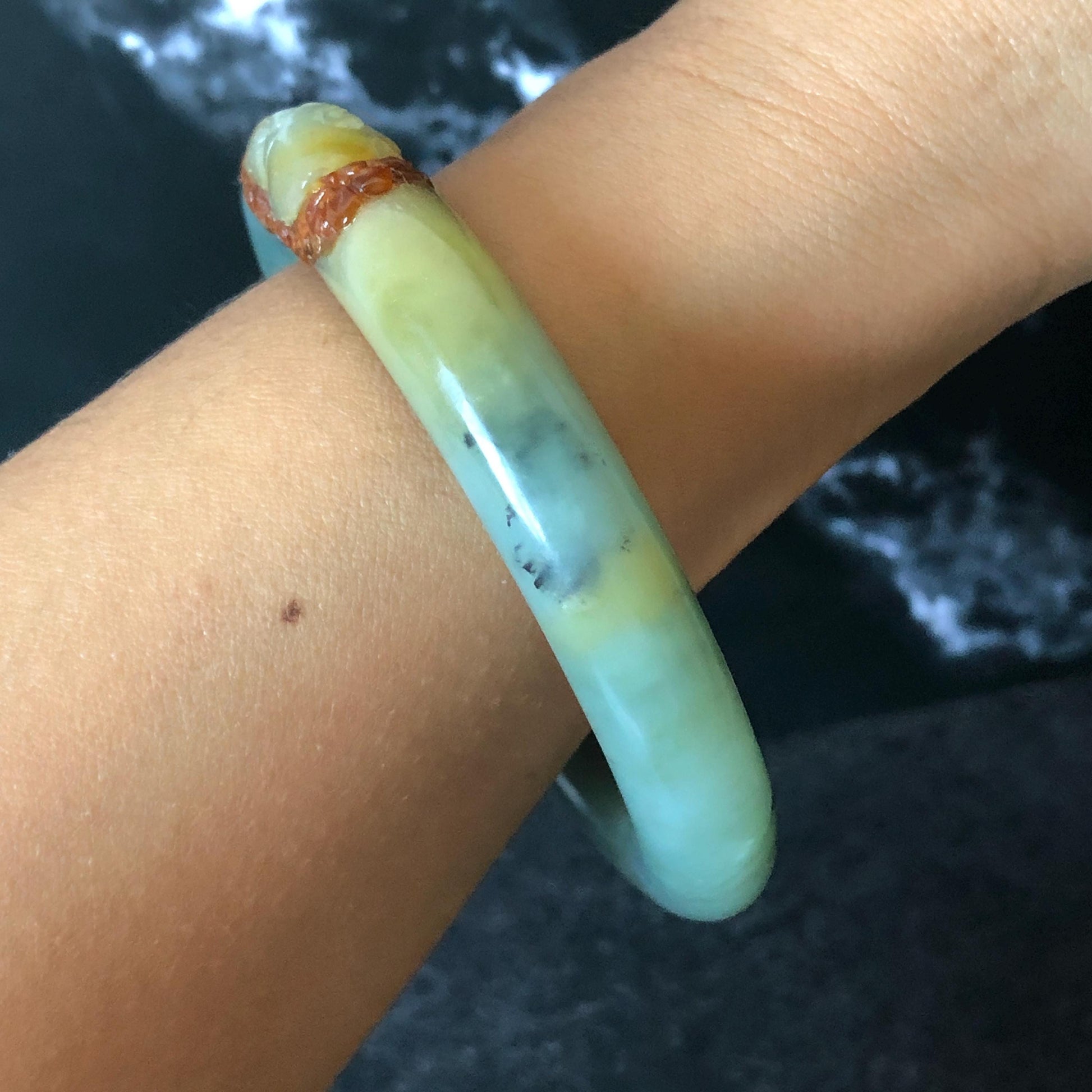 55.3mm Xiu Jade Serpentine Hand Carved Rabbit & Radish Bangle: Natural White Brown Yellow Green Jade Handcrafted Bracelet, Stone Carving Gemstone Jewelry Gift for her wide jade bangle jade carving hand engraved stone carving natural untreated jade bracelet green jade yellow jade brown jade handcraft jade peony carving flower carving chinese jade vintage bangle antique bracelet