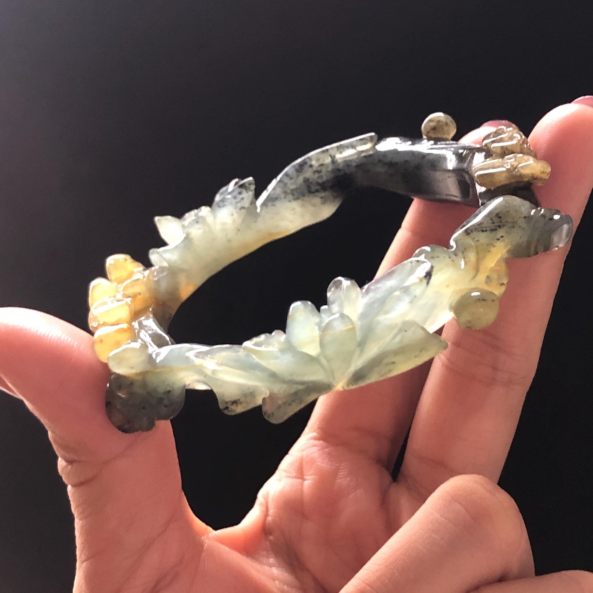 57.8mm Xiu Jade Serpentine Hand Carved Birds & Peony Flower Bangle: Natural Yellow Green Jade Handcrafted Bracelet, Stone Carving Jewelry