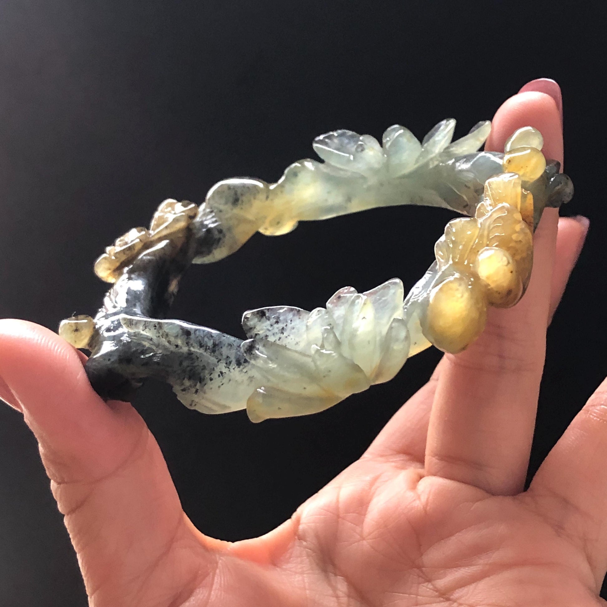 57.8mm Xiu Jade Serpentine Hand Carved Birds & Peony Flower Bangle: Natural Yellow Green Jade Handcrafted Bracelet, Stone Carving Jewelry