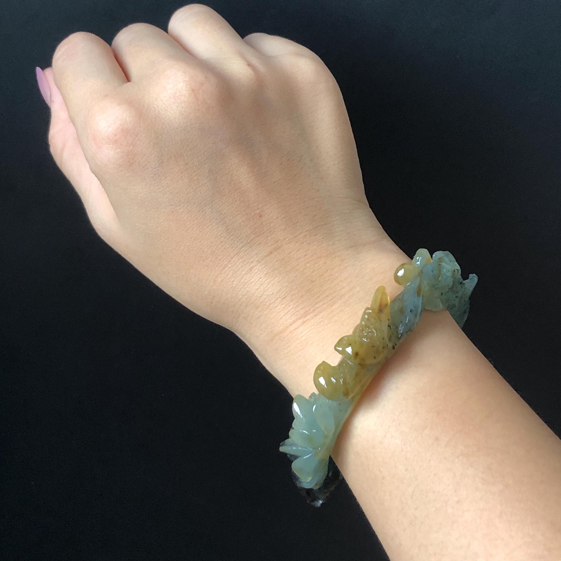 57.8mm Xiu Jade Serpentine Hand Carved Birds & Peony Flower Bangle: Natural Yellow Green Jade Handcrafted Bracelet, Stone Carving Jewelry