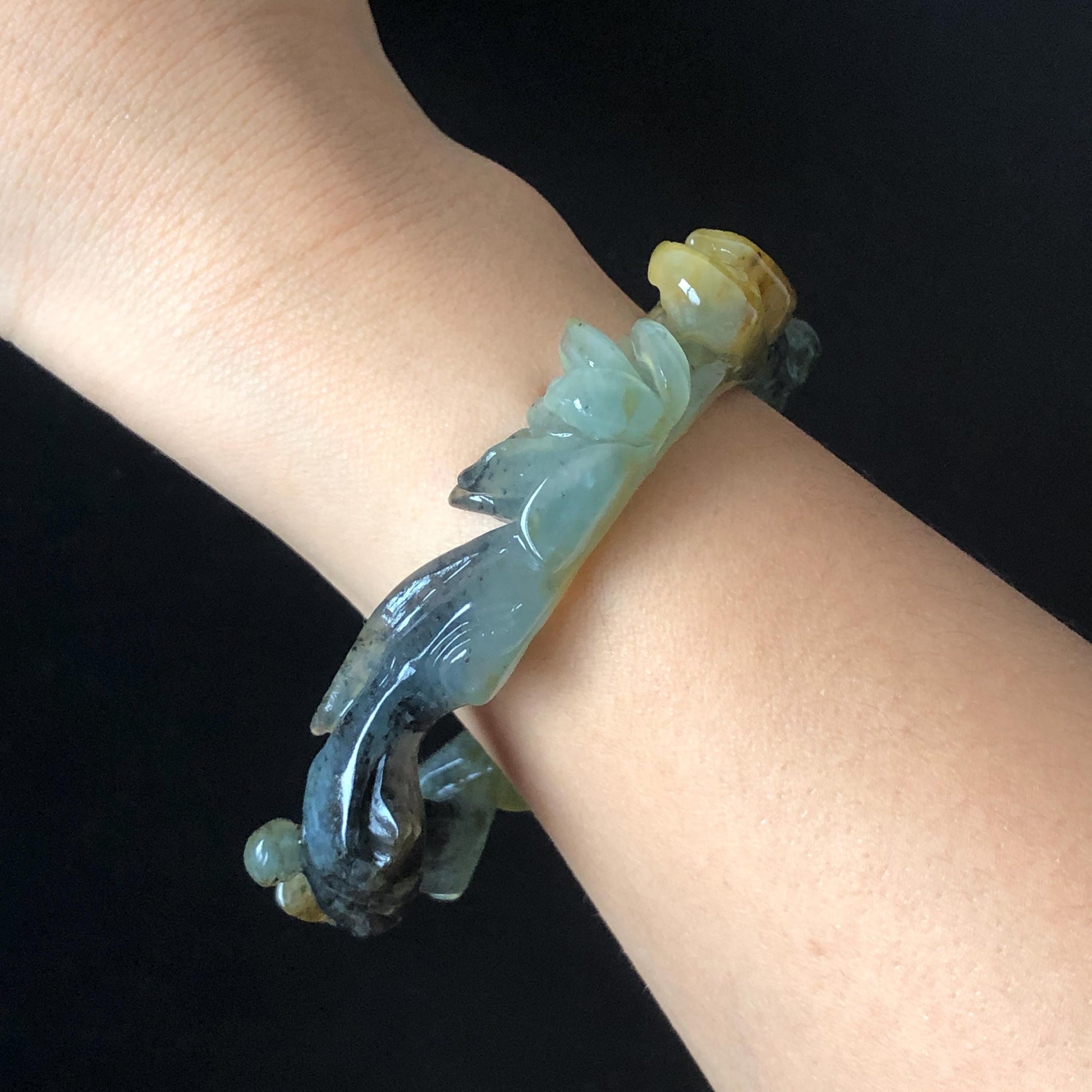 57.8mm Xiu Jade Serpentine Hand Carved Birds & Peony Flower Bangle: Natural Yellow Green Jade Handcrafted Bracelet, Stone Carving Jewelry