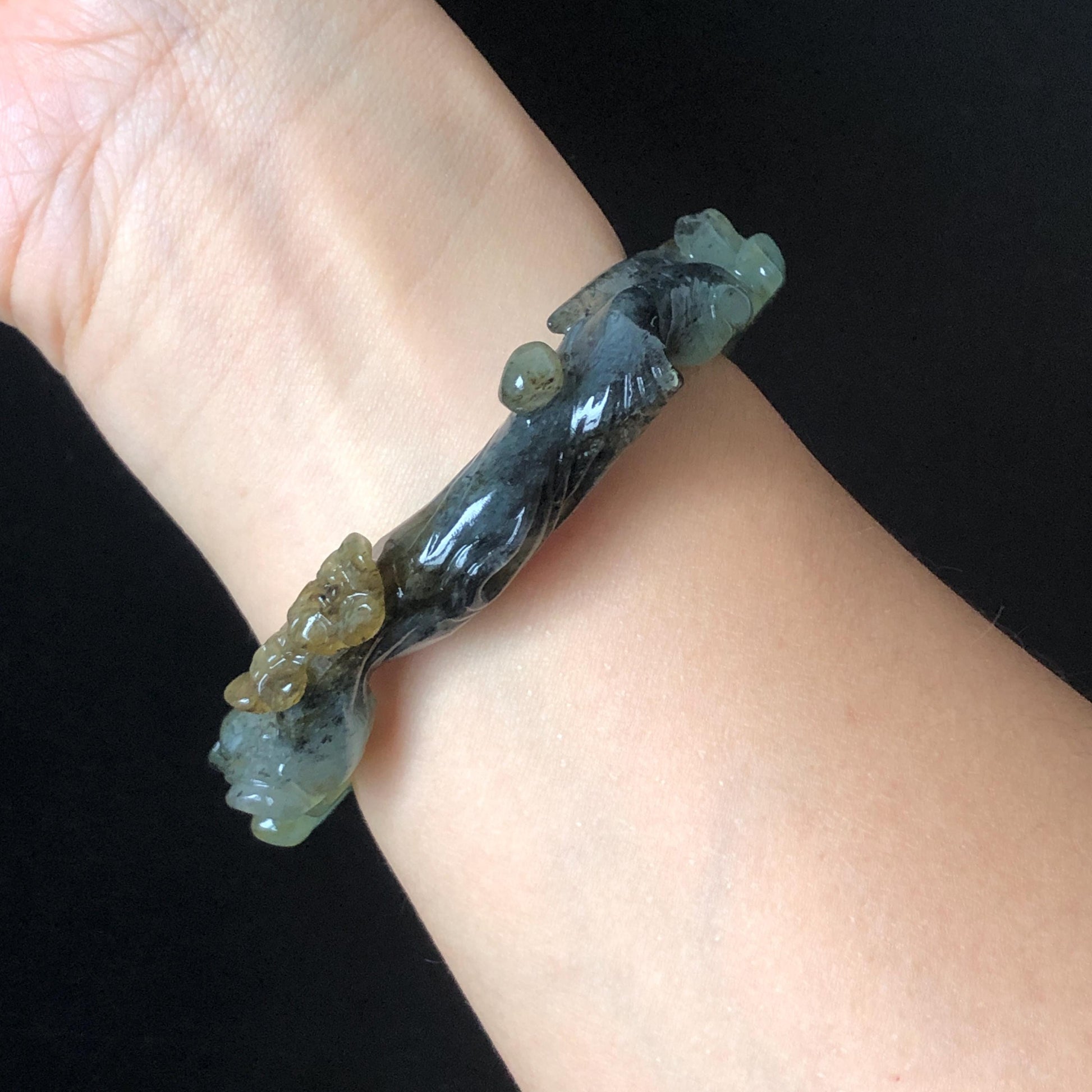 57.8mm Xiu Jade Serpentine Hand Carved Birds & Peony Flower Bangle: Natural Yellow Green Jade Handcrafted Bracelet, Stone Carving Jewelry
