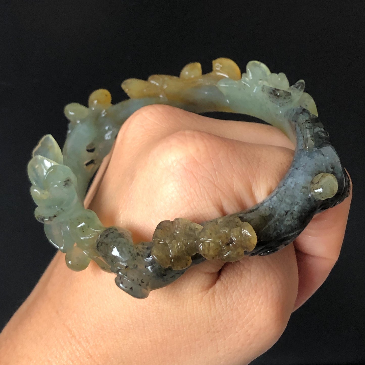 57.8mm Xiu Jade Serpentine Hand Carved Birds & Peony Flower Bangle: Natural Yellow Green Jade Handcrafted Bracelet, Stone Carving Jewelry