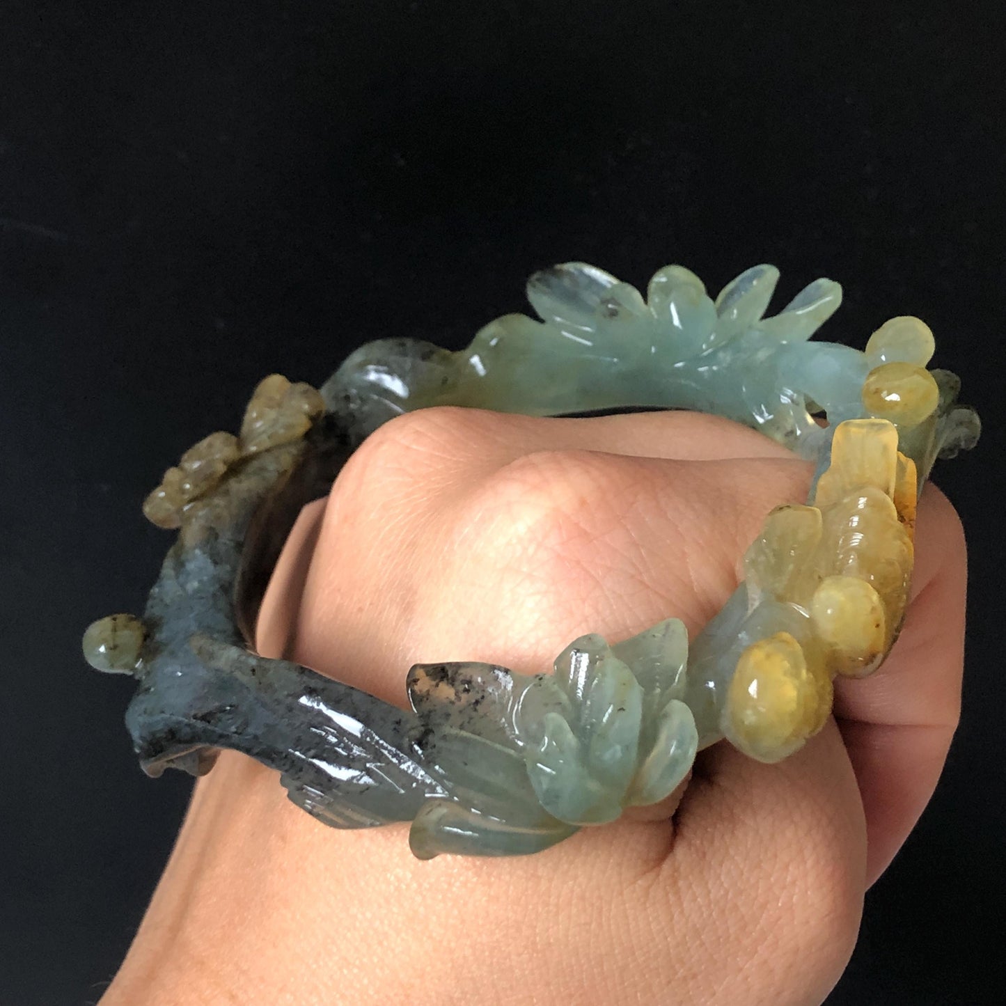 57.8mm Xiu Jade Serpentine Hand Carved Birds & Peony Flower Bangle: Natural Yellow Green Jade Handcrafted Bracelet, Stone Carving Jewelry