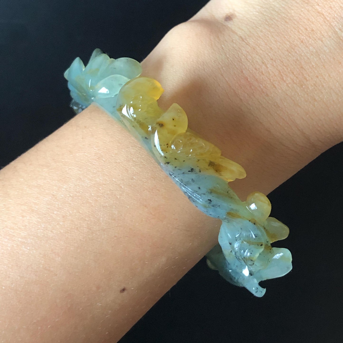 57.8mm Xiu Jade Serpentine Hand Carved Birds & Peony Flower Bangle: Natural Yellow Green Jade Handcrafted Bracelet, Stone Carving Jewelry